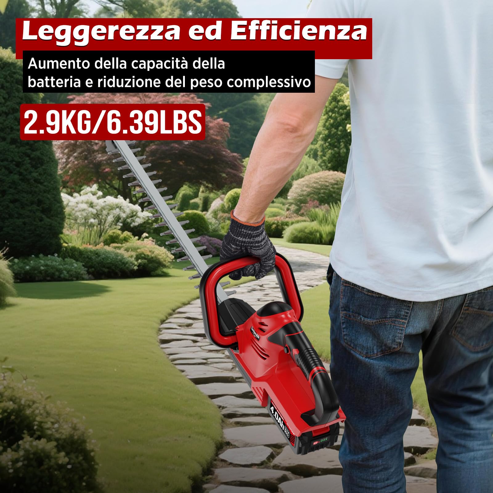 Tagliasiepi A Batteria 21V 600W Con Motore Brushless – Lama 52cm, 2 Batterie 4.0Ah, Taglio Fino A 15.5mm, Autonomia 50 Min Cad.