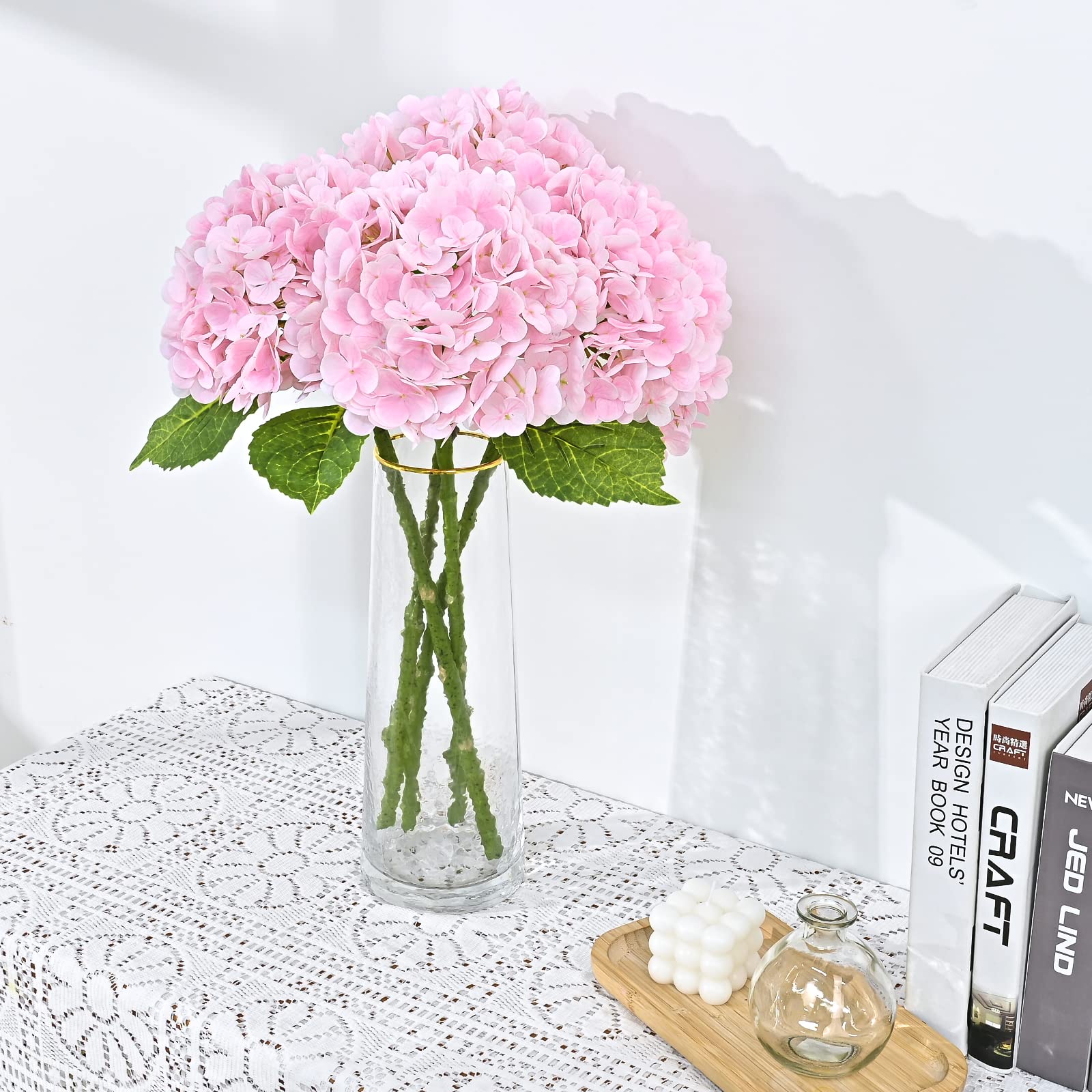 Waipfaru 21" Real Touch Hydrangea Artificial Flowers with Long Stem & Leaves, Full Latex Faux Hydrangea Flowers for Home Decor Party Floral Arrangements Wedding Bouquets Centerpieces(Pink, 3Pcs)