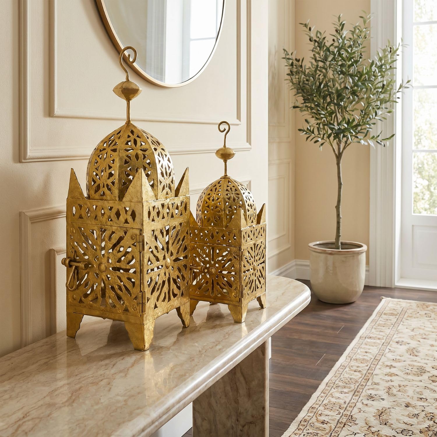 Linterna marroquí Frane Gold, 42 cm, Metal, Marrakech, Hecha a Mano