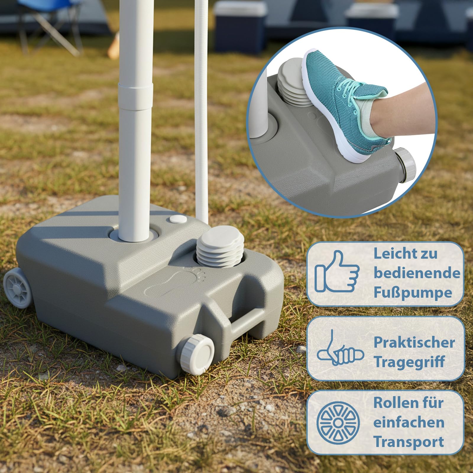 Montafox Mobiles Camping Waschbecken 21 L Frischwassertank - Waschstation mit Fußpumpe Seifenspender Handtuchhalter für Outdoor