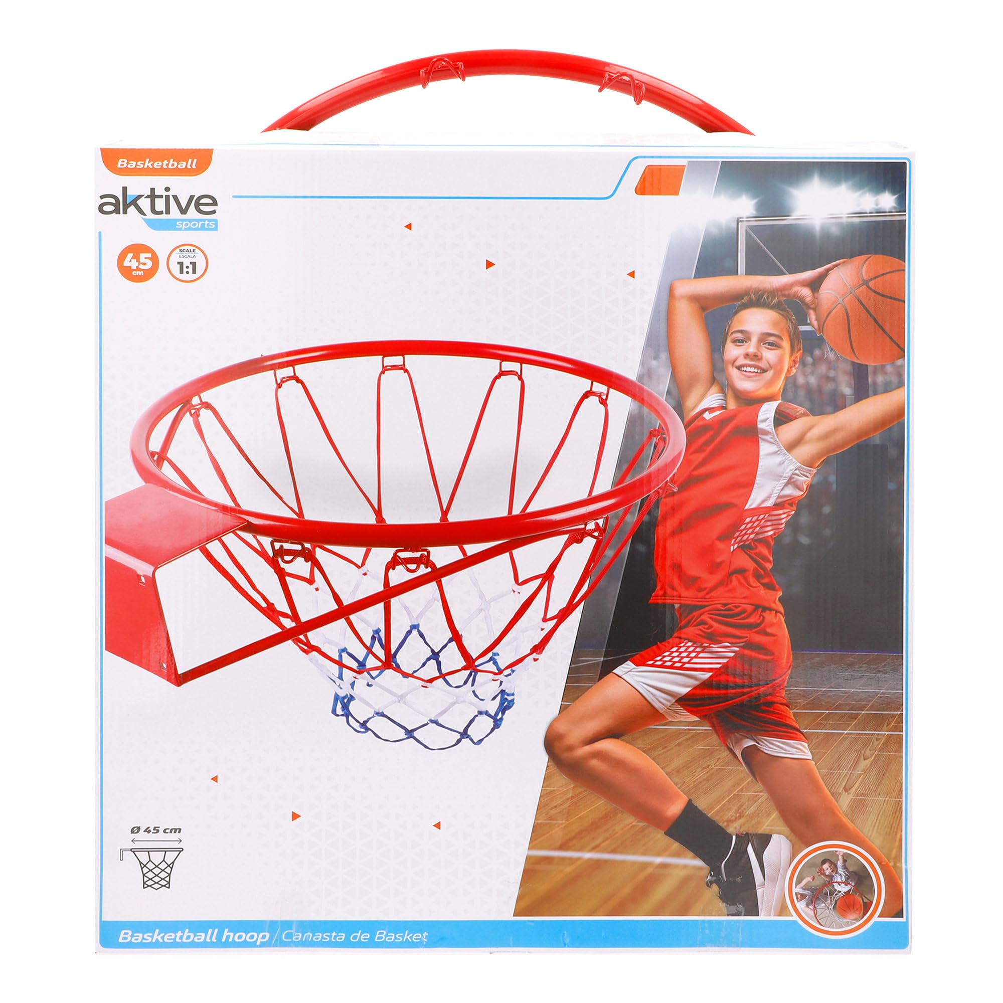 AKTIVE Canestro da basket da parete 45 cm, scala 1/1, Rete in poliestere e anello in metallo, Montaggio con 4 viti incluse, Per giocare in casa, in terrazza o in giardino (54278)