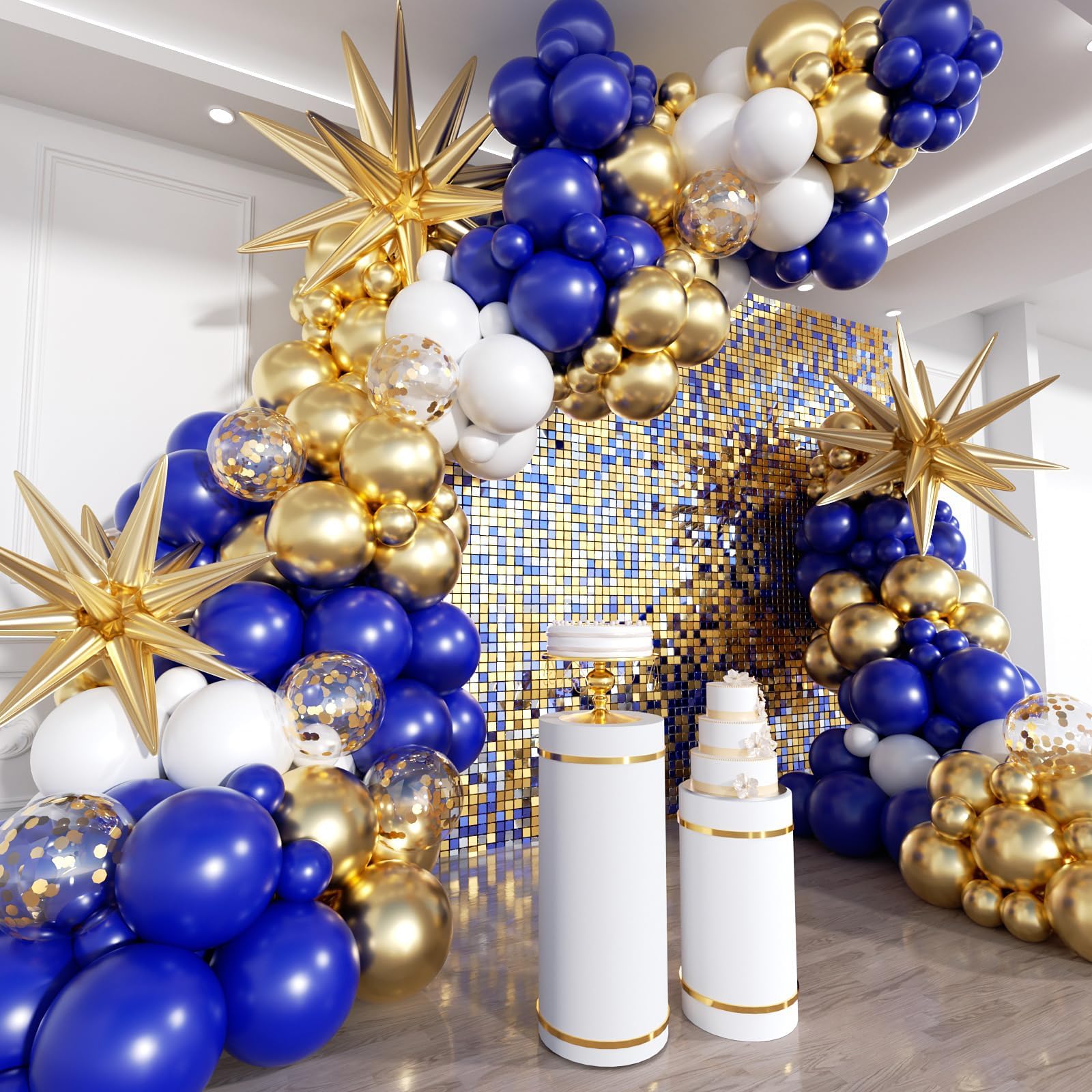 201Pcs Royal Blue and Gold Balloon Arch Kit, Explosion Star Blue Gold and White Confetti Balloon Garland kit, Different Size Balloons for Birthday Anniversary Wedding New Year Party Decoration