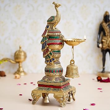 eCraftIndia Colorful Peacock Handcrafted Brass Diya Stand with Stone Work and Bell