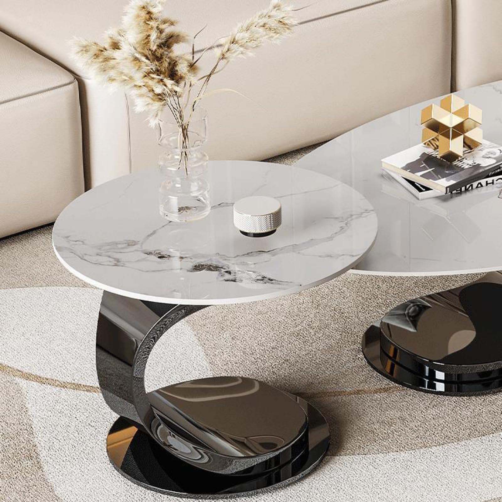 Table basse, design de luxe avec support en métal noir et plateau en pierre blanche, support solide, facile à nettoyer, style unique