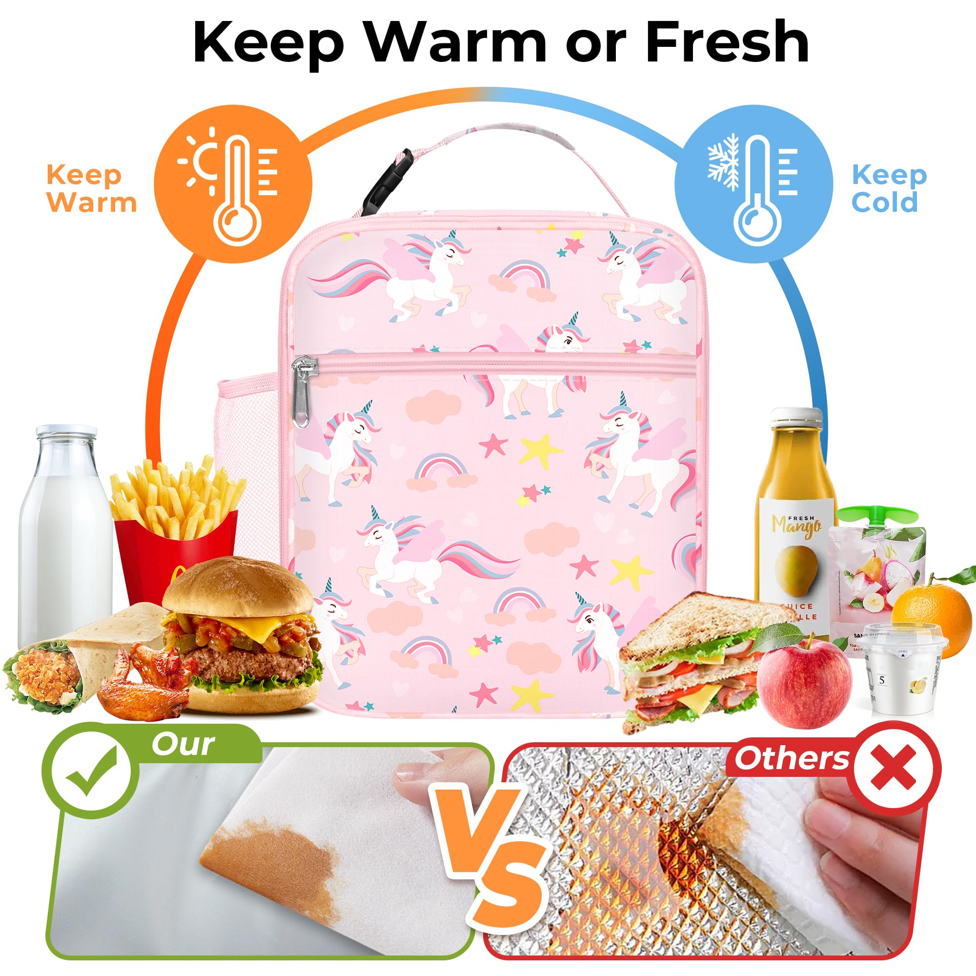 Clastyle Unicorn Insulated Lunch Bag Large Thermal Cooler Bag for Girl Picnic Lunch Box Tote Pink Unicorn Rainbow - Image 3