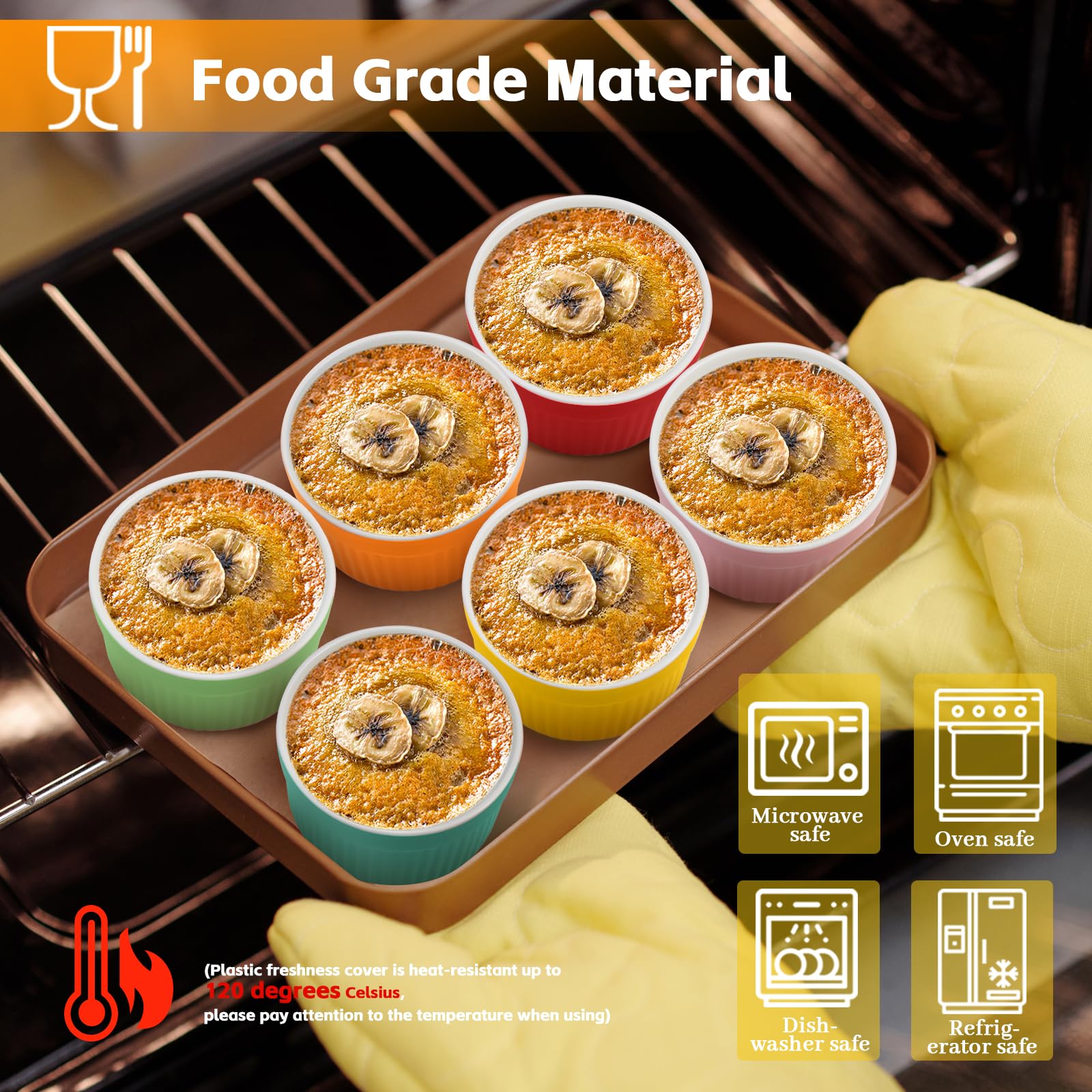 Cuencos de cerámica para crema brulee, 6 piezas, Ø9cm 220ml, moldes para soufflé con tapa, aptos para horno, cuencos para postres, mini molde para horno de color, para hornear en la cocina