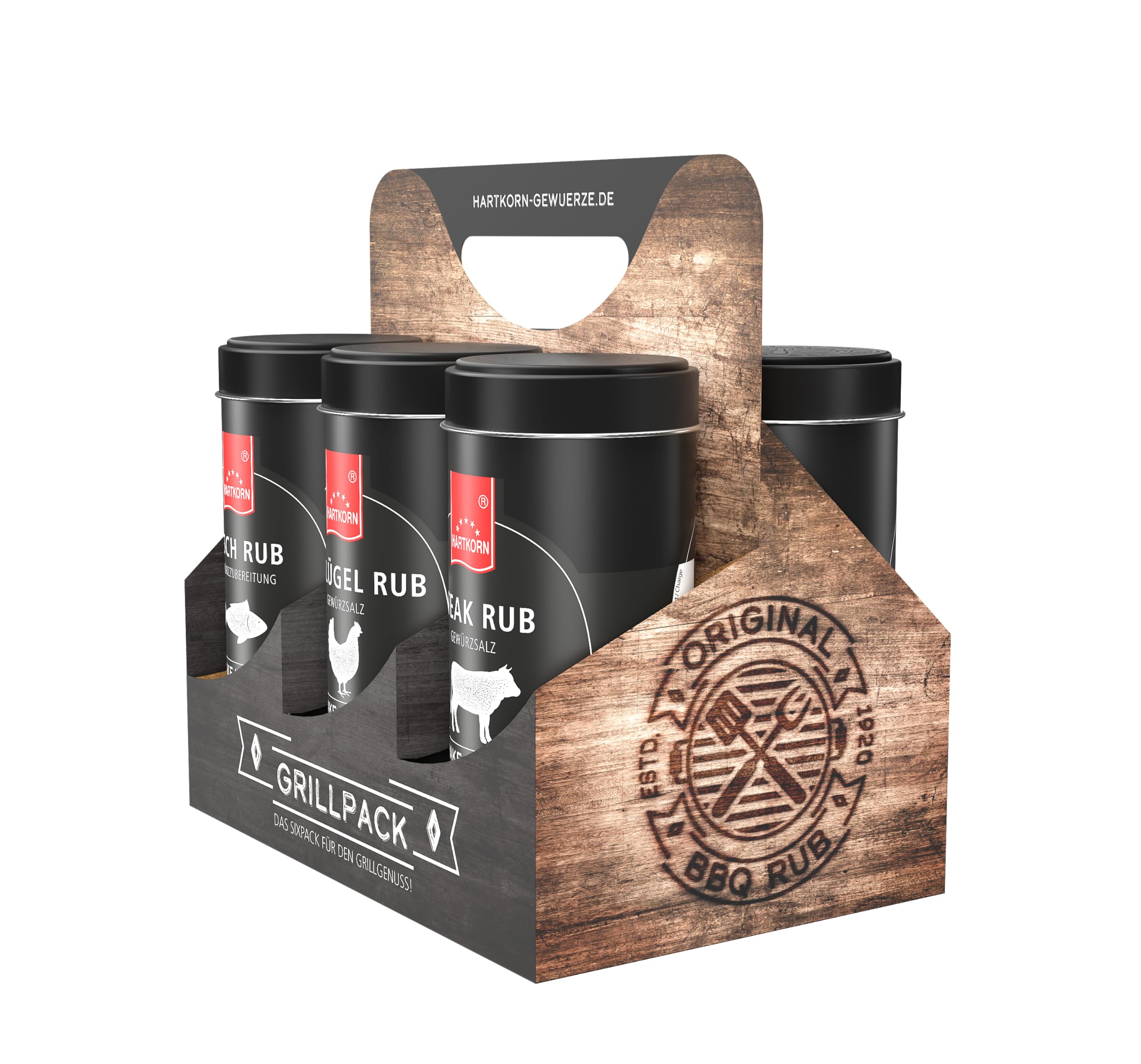 Hartkorn - BBQ Gewürz-Sixpack (6-teilig) Shake´n Grill (Geflügel Rub, Steak Rub, Fisch Rub, Smoky Rub, Veggie Rub, Magic Dust Rub) - Geschenkset für Männer