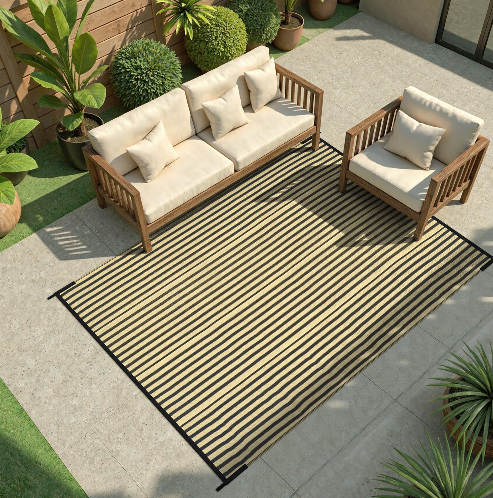 LEEVAN Waterproof Outdoor Rug 6x9 Patio Rug Clearance Black and Tan Plastic Straw Area Rug for Backyard Striped Camping Outside Mat for Picnic, RV,