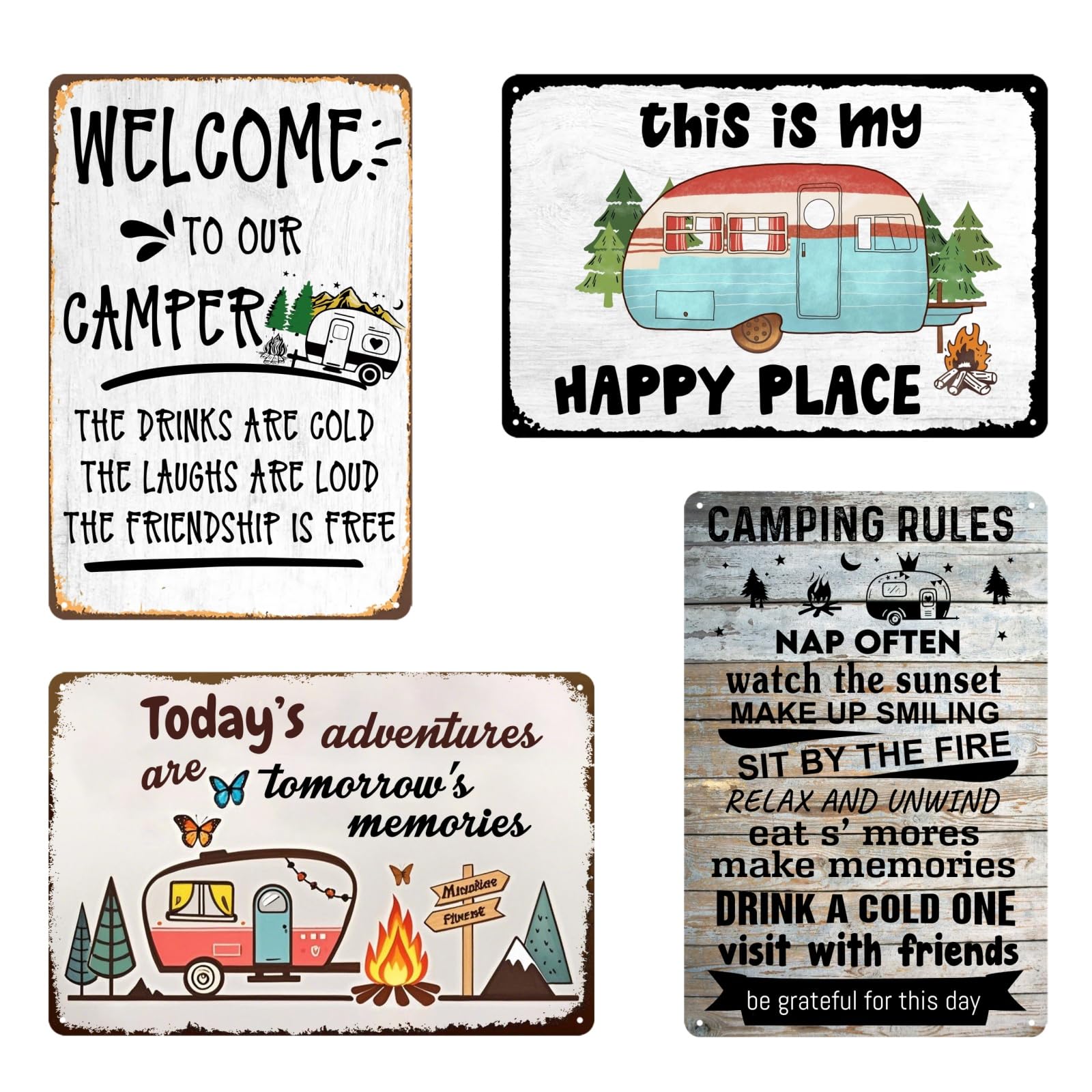 4 Pack Camping Signs Decor Vintage Camping Metal Tin Signs Campers Rv Decorations Outside Camper Camping Rules Sign For Travel Trailer Wall Art Decor