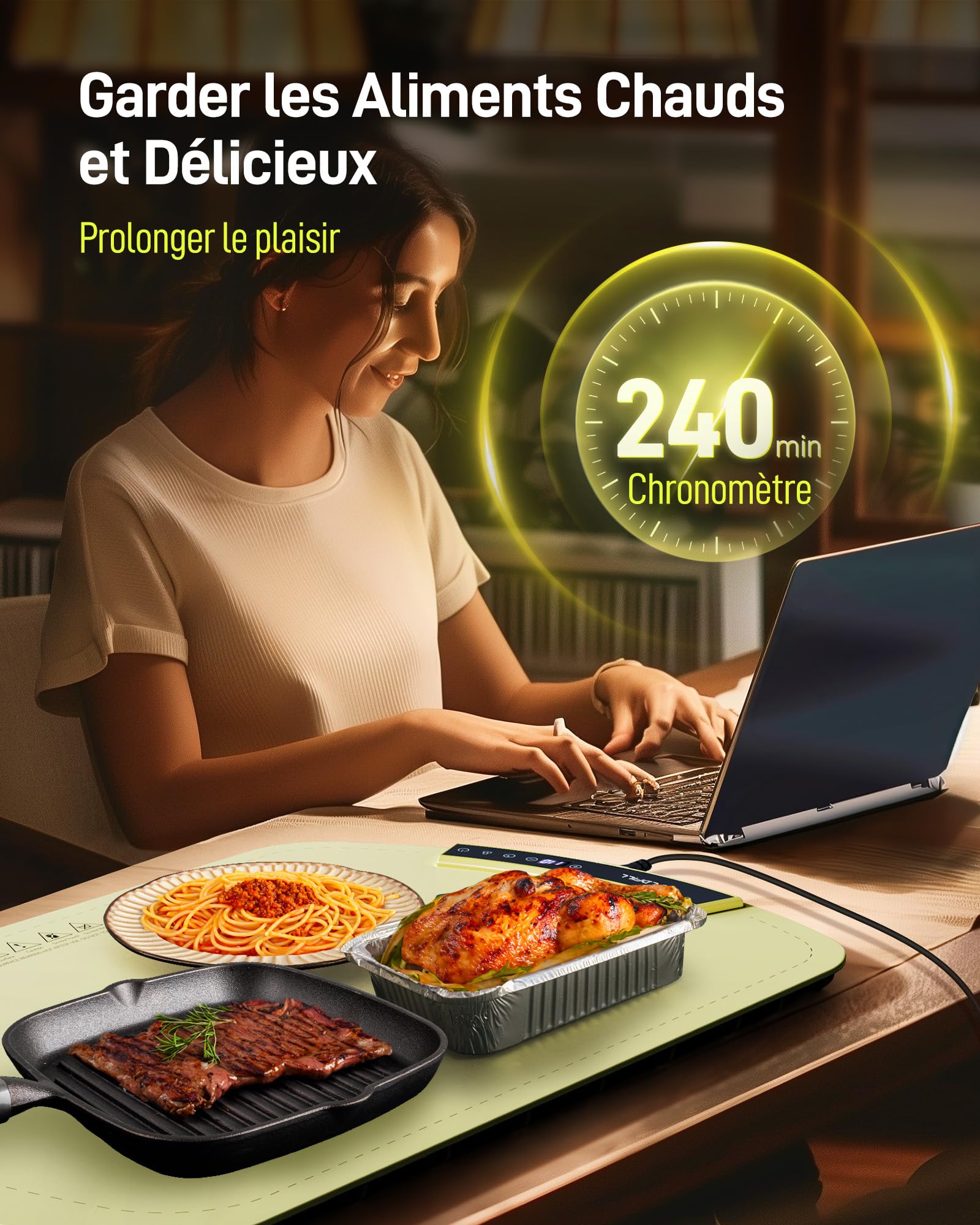 Chauffe Plat Electrique - Garde Les Aliments au Chaud pour Les Buffets et Les Fêtes, 8 Niveaux de réglage de la température, Chauffage Rapide, pour dîners en Famille et fêtes, 60x40x2.5cm