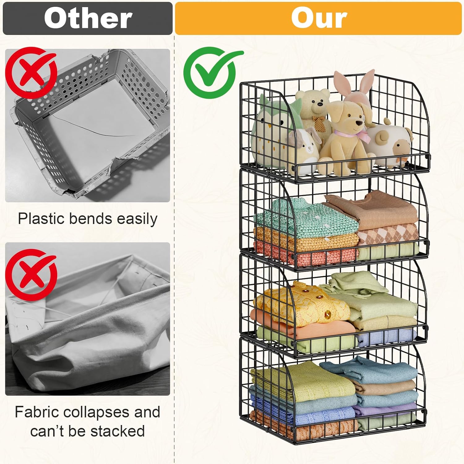 Extended Paragraph Stackable Storage Bins Closet Organizer，4-Pack Wire Baskets For Organizing，Closet Organizers And Storage，Closet Shelves And Open Home Storage Bins，Black，Clothes, Snacks, Toys Can Be