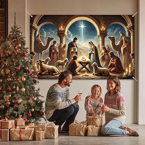 Miniatura 2 de Pancarta de escena de pesebre de 71 x 43 pulgadas, pancarta religiosa cristiana para iglesia, interior y exterior, decoración de Navidad bíblica