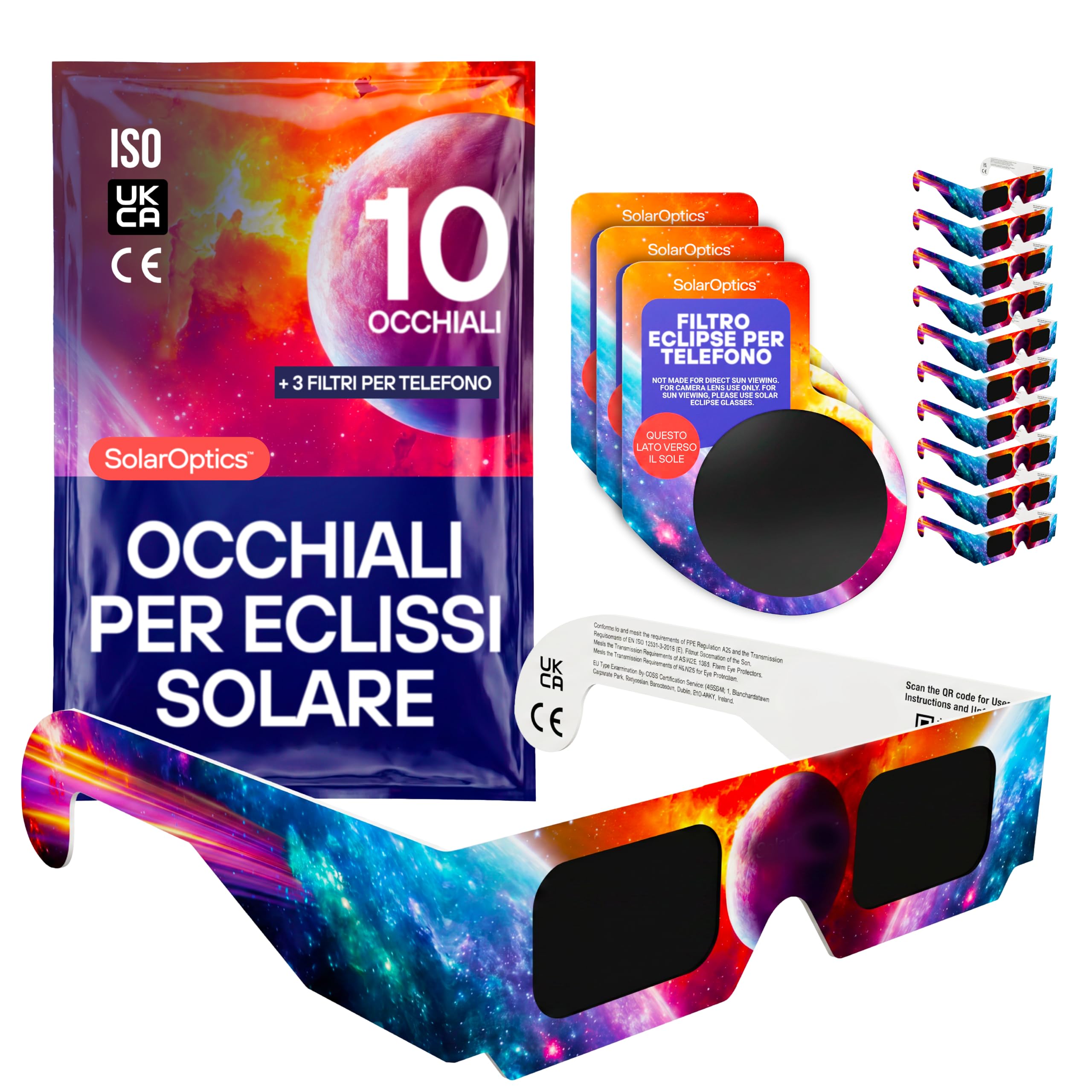 Occhiali per Eclissi Solare 10 Pack con 3 Filtri per Smartphone – Certificati ISO 12312-2 e CE Kit Completo per Osservare e Fotografare l’Eclissi AAS 2026
