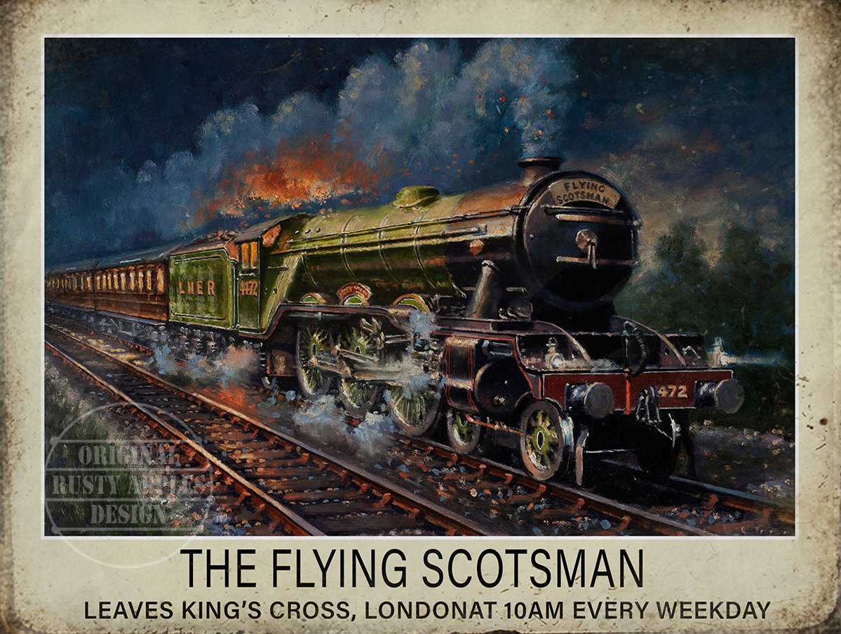 The Rusty Apples Metal Sign Co Golden Flying Scotsman Leaves Kings Cross– The Age Of The Steam Train - Metal Sign – 3 Sizes To Choose – Home Decor – Unique Gift (8” X 6” 200 X 150 Mm)