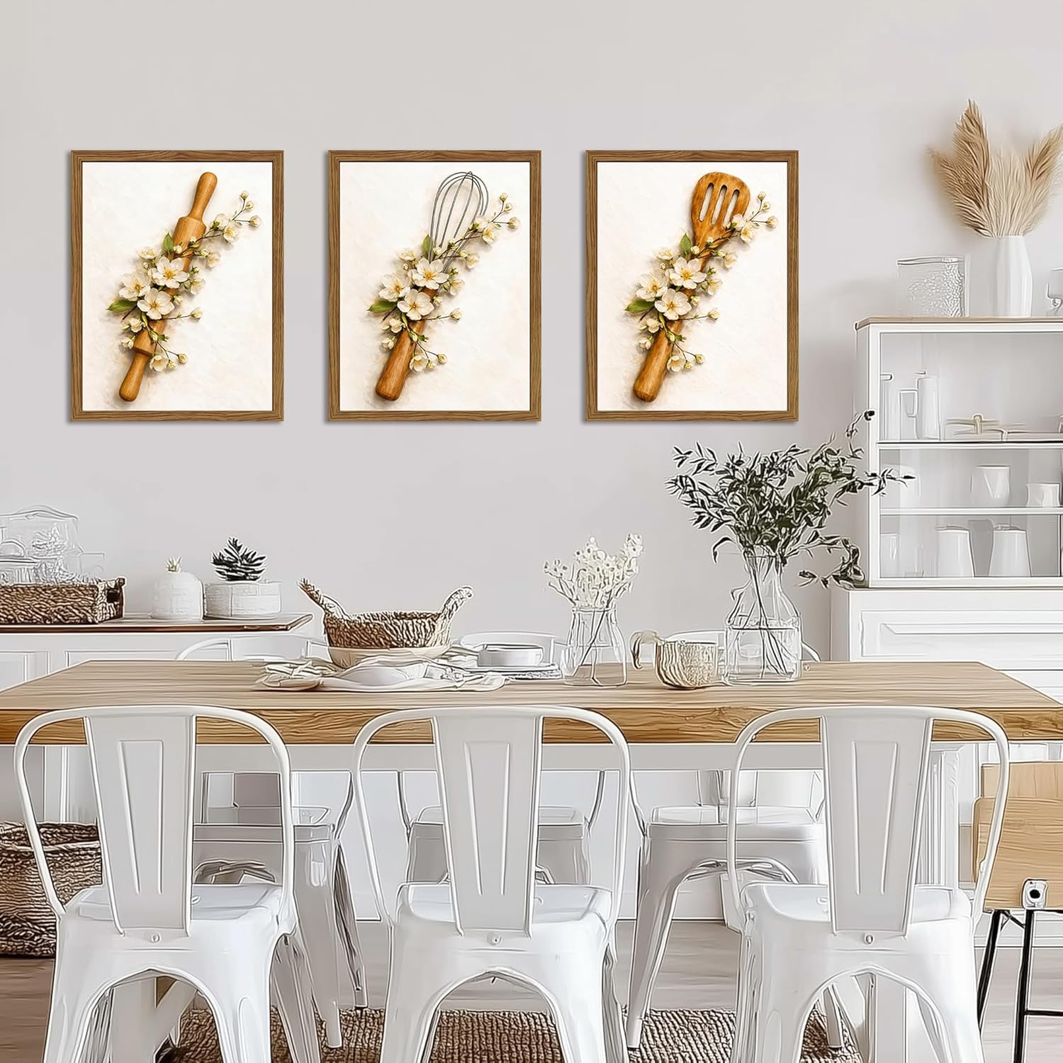Modern Kitchen Wall Decor Set of 3 Framed Canvas Prints – Minimalist Botanical Floral Plant Artwork with Kitchen Utensil Design for Dining Room, Farmhouse Home Decor, 8x10 Inch