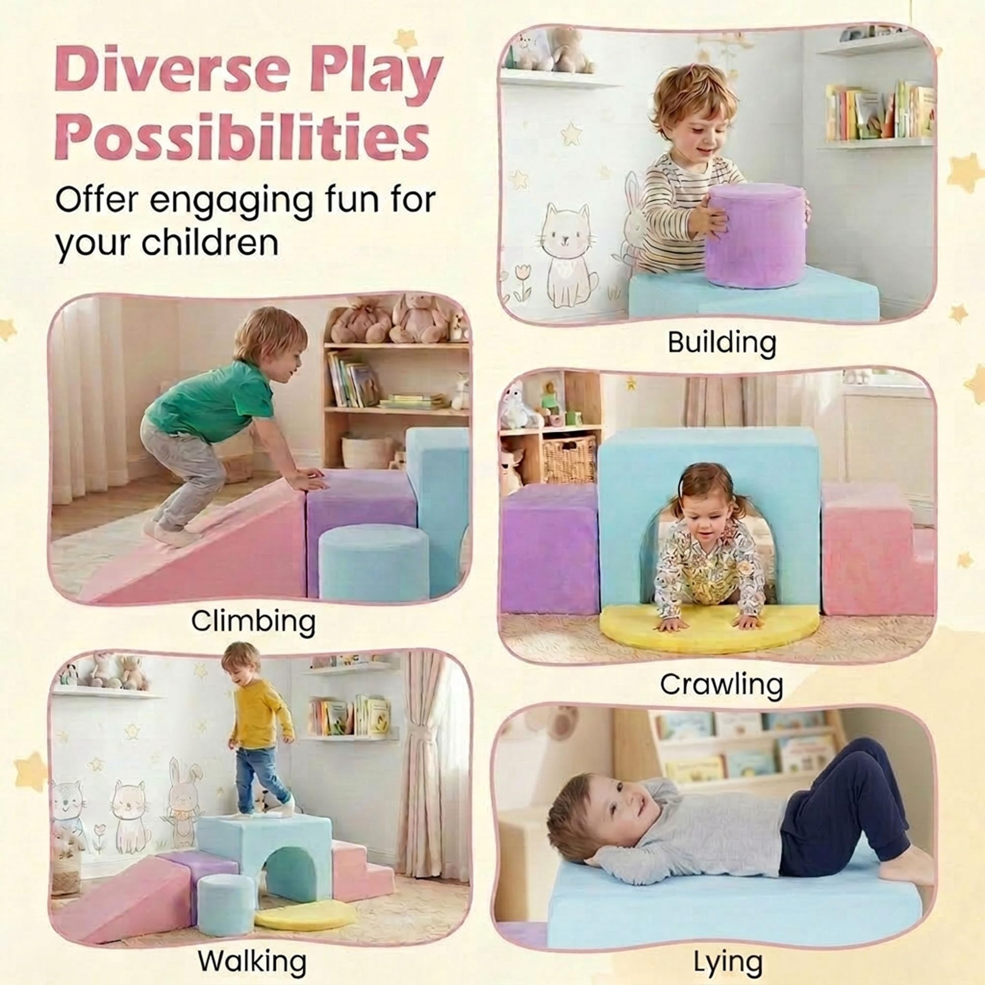 LIFEZEAL 6 Blocchi Morbidi per Bambini 3+ Anni, Costruzini Lavabili con Arrampicata, Scivolo e Scaletta, Mattoncini in Schiuma a Diverse Forme, Giochi Sensoriali per Cameretta e Asilo (Rosa)