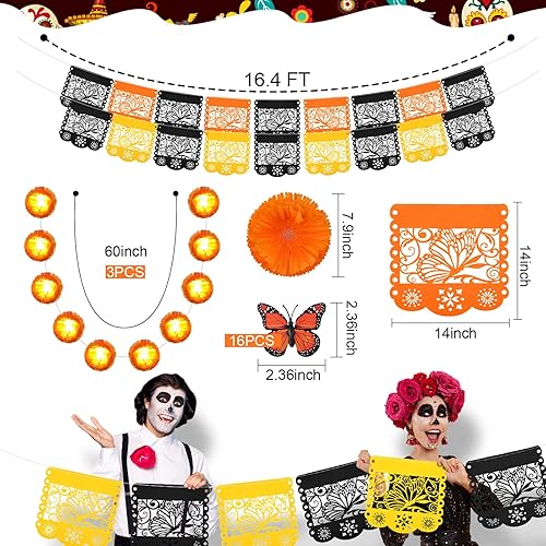 Miniatura 2 de Riceshoot 21 Pcs Dia De Los Muertos Decoration, Day of The Dead Altar Kit, 3 Pack 4.9 ft Lighted Artificial Marigold Garland Arch 2 Pack 16.4 ft