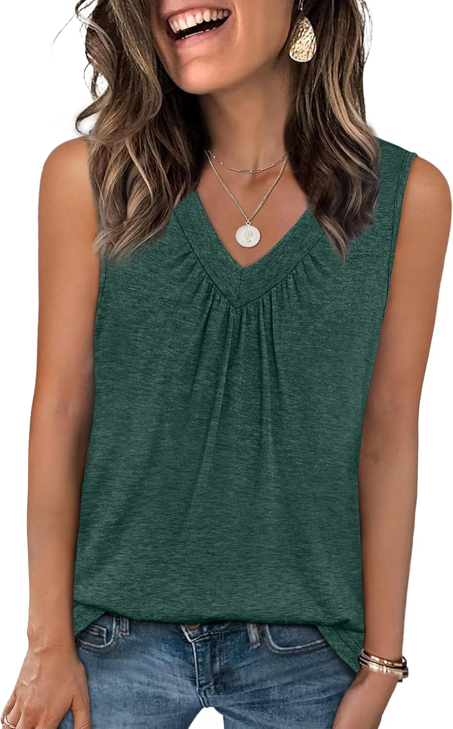 OFEEFAN Tank Top for Women Loose Fit Sleeveless Shirts V Neck Summer Clothes Ruched Women's Tees and Tanks Curved Hem