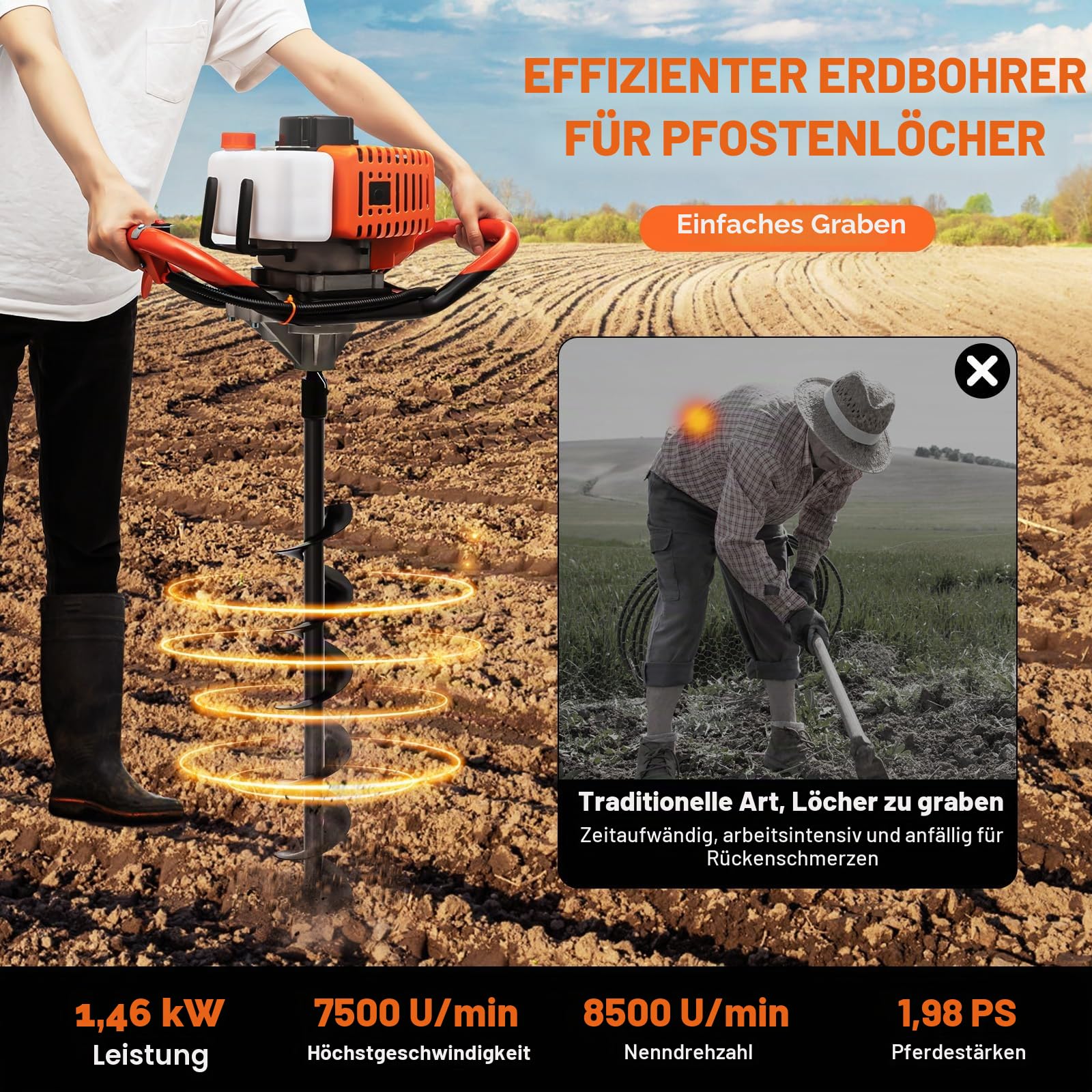 Erdbohrer 52cc 2-Takt Benzin Motor mit 3 Bohrern (4/6/8") 30cm Verlängerungsstange Anti-Vibration für Gartenbau Ackerland Landwirtschaft 1900W