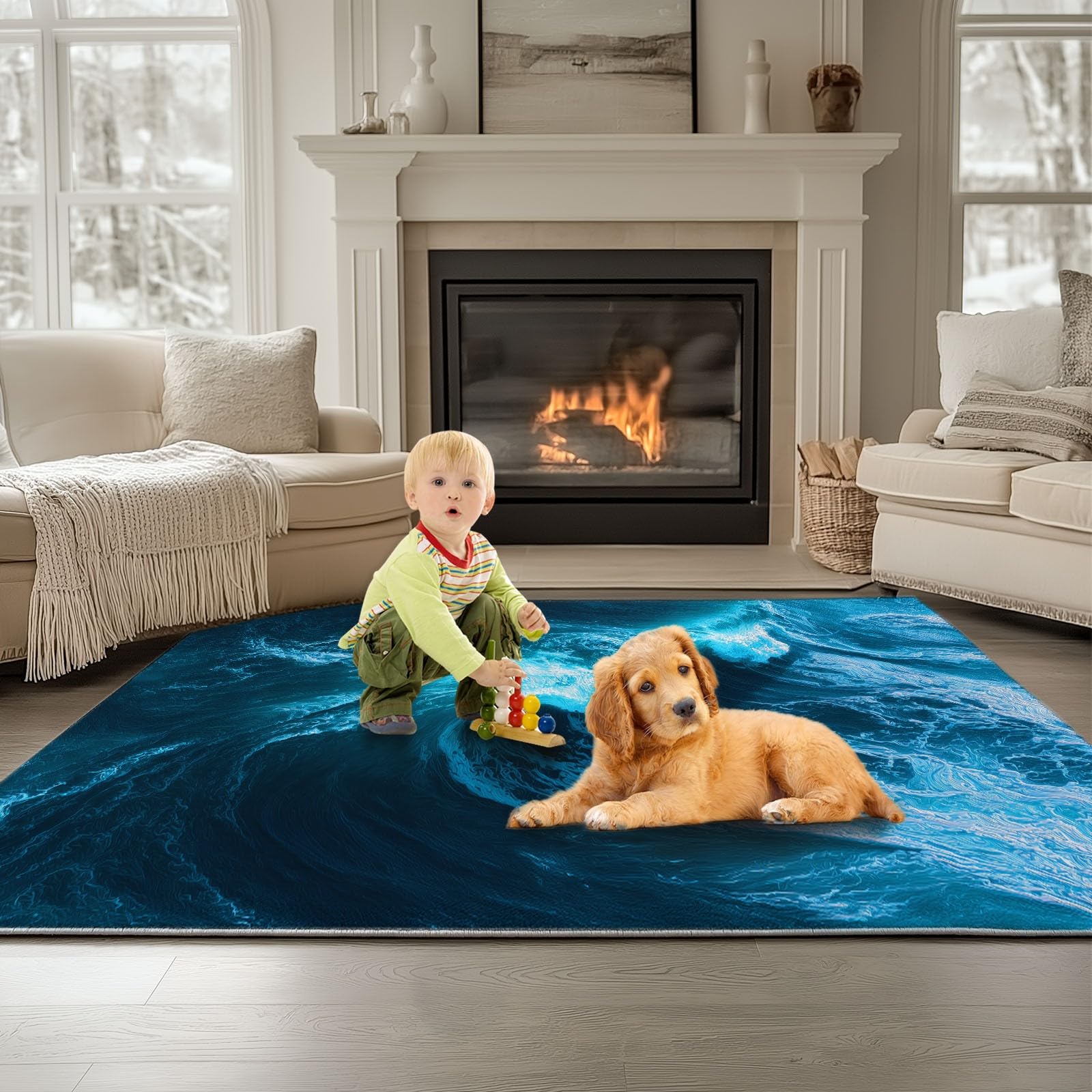 Générique Tapis Salon Photographie Vagues 90 x 150 cm Tapis Chambre Impression 3D Moderne, Bleu Moquette Antidérapant Lavable Machine, pour Salon Salle à Manger Bureau