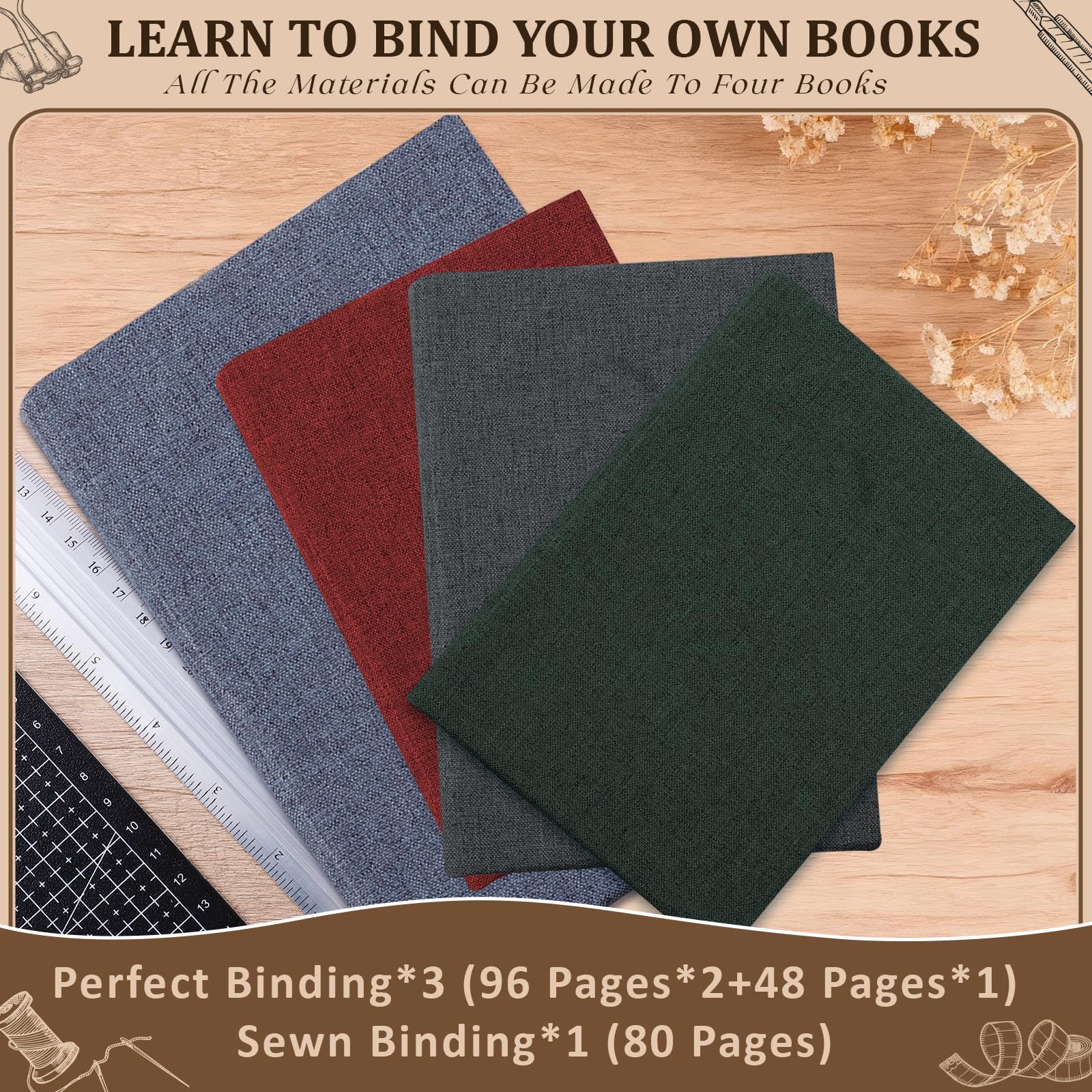 Kit per rilegare libri per principianti, 145 pezzi, per realizzare libri, materiali per rilegatura, con punteruolo in carta A5, strumenti completi di rilegatura con istruzioni e video tutorial per