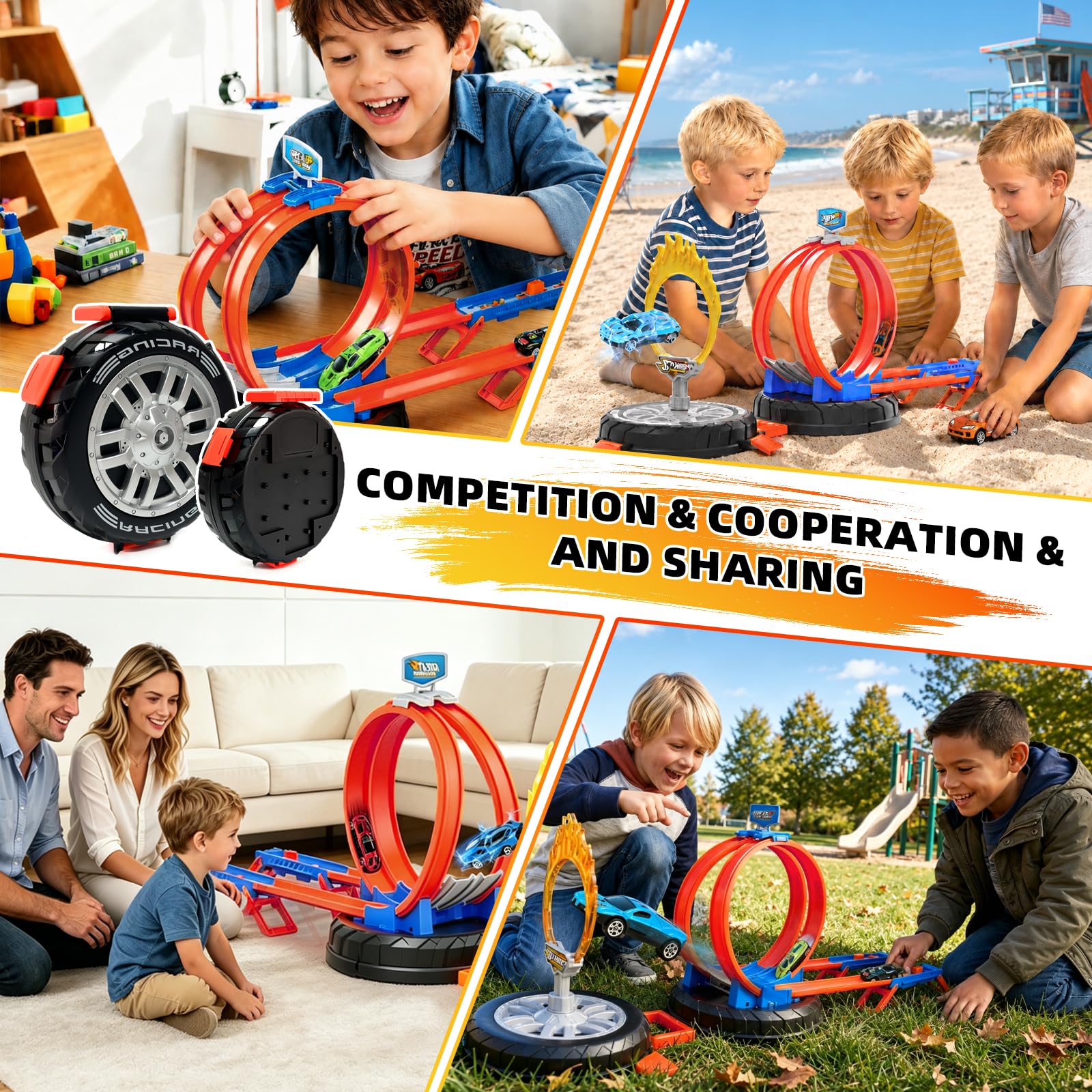 Pista De Coches para Niños, Circuito Pista con 6 Coches De Juguete, 2 Rampas Y 1 Caja para Guardar Las Ruedas, Adecuado para Niñas Y Niños De 3, 4, 5 Y 6 Años