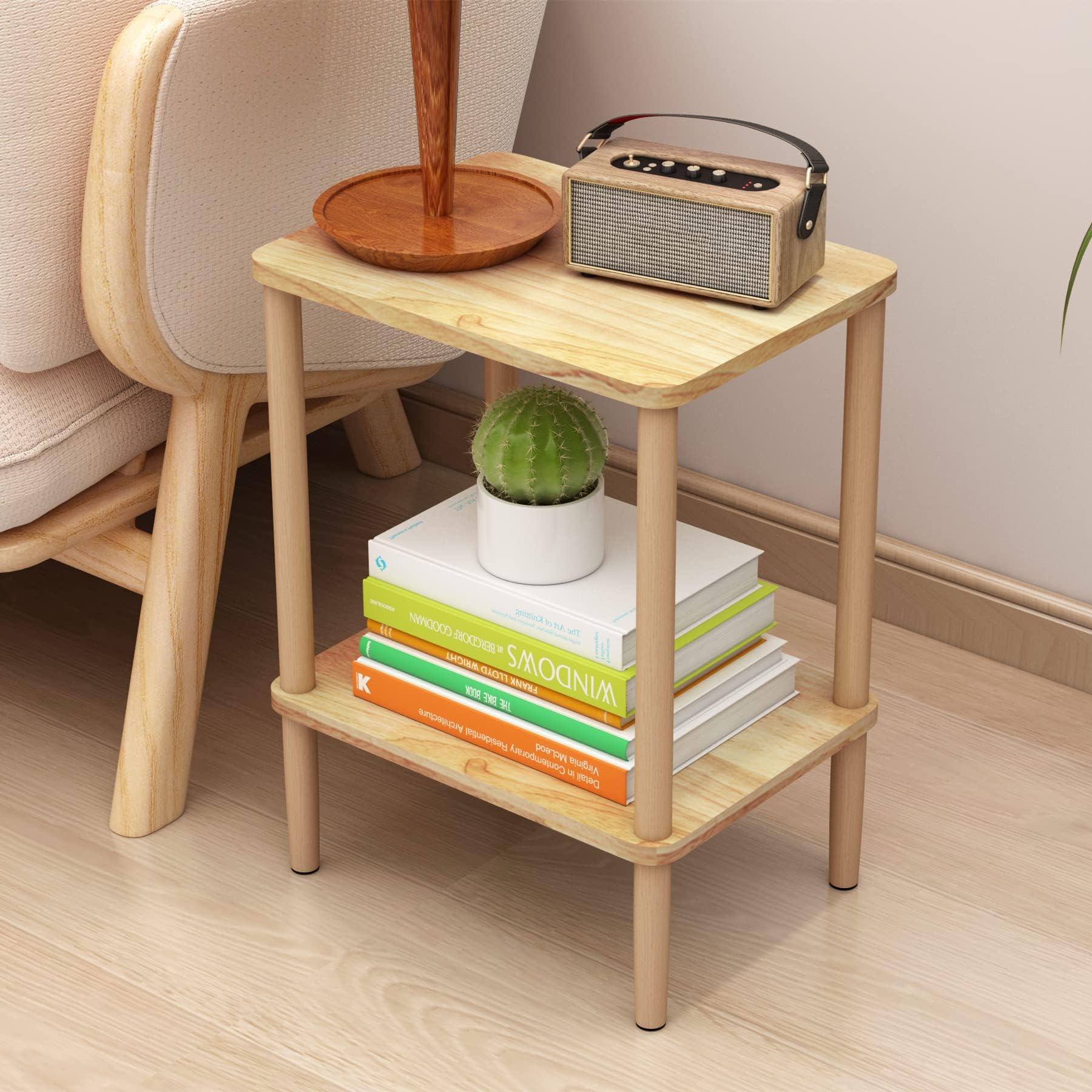 LUCKNOCK Solid Wood Side Table, 2-Tier Small End Table with Storage Shelf, Narrow Nightstand Bedside Table for Small Spaces, Bedroom, Living Room, Farmhouse, No-Tool Assembly.