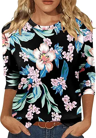 KISSMODA Tunic Tops for Women Loose Fit Dressy Round Neck Pleated 3/4 Length Sleeve Spring Tops