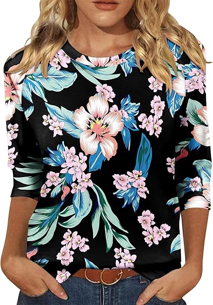KISSMODA Tunic Tops for Women Loose Fit Dressy Round Neck Pleated 3/4 Length Sleeve Spring Tops