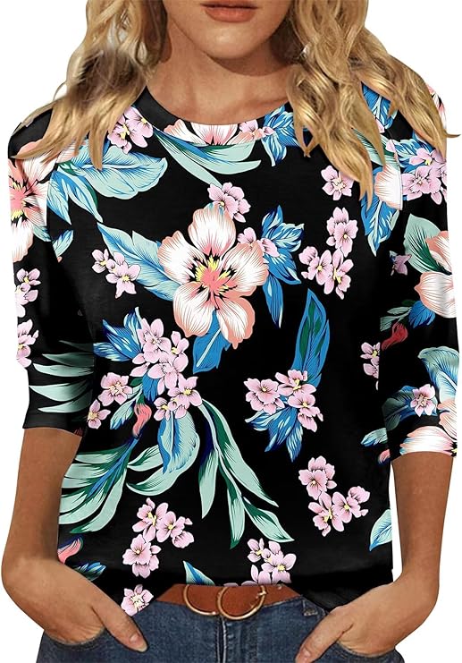 KISSMODA Tunic Tops for Women Loose Fit Dressy Round Neck Pleated 3/4 Length Sleeve Spring Tops