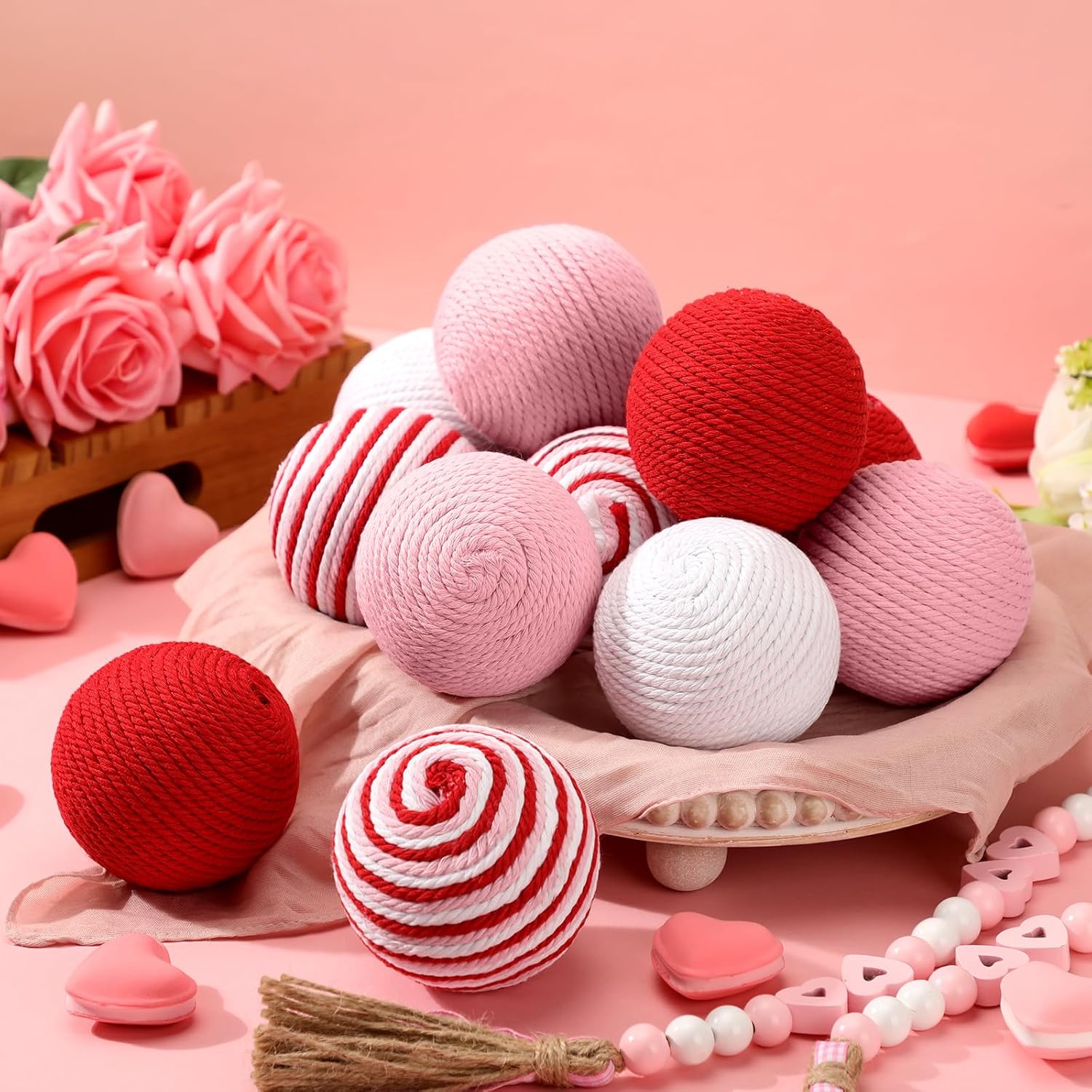 12 Pcs Valentine's Day Decorative Balls, 3.15 Inch Red White Pink Jute Rope Decorative Balls for Bowls Vases Orbs Tray Filler Table Centerpieces, Valentine Wedding Home Decor, DIY Crafts