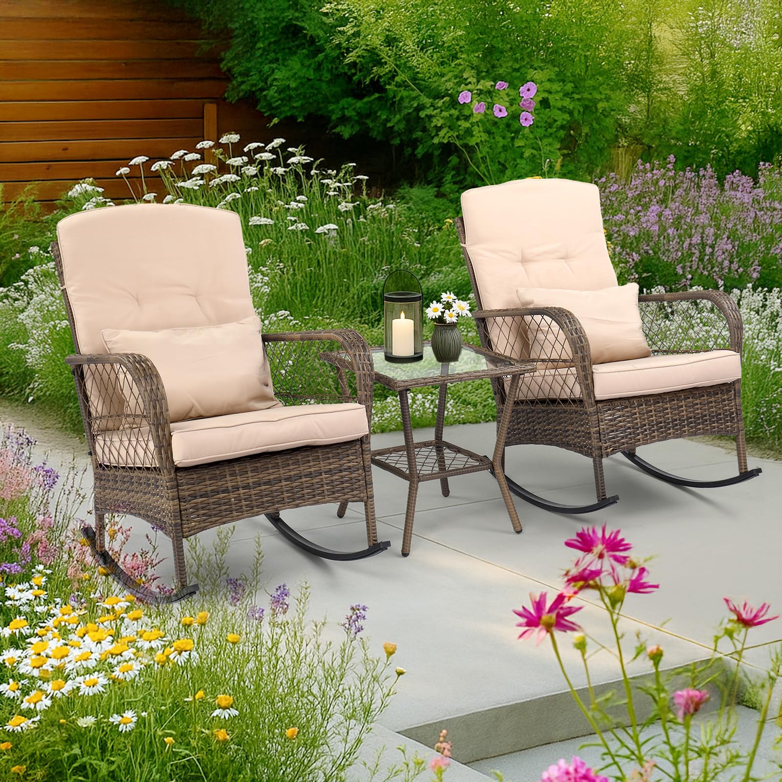 LEADZM Gartenmöbel Set für 2 Personen，Polyrattan Balkonmöbel 3-teiliges Set, Wetterfest, Komfortabel & Lässig, 2 Schaukelstühle & Tisch, für Garten, Balkon, Terrasse,Beige