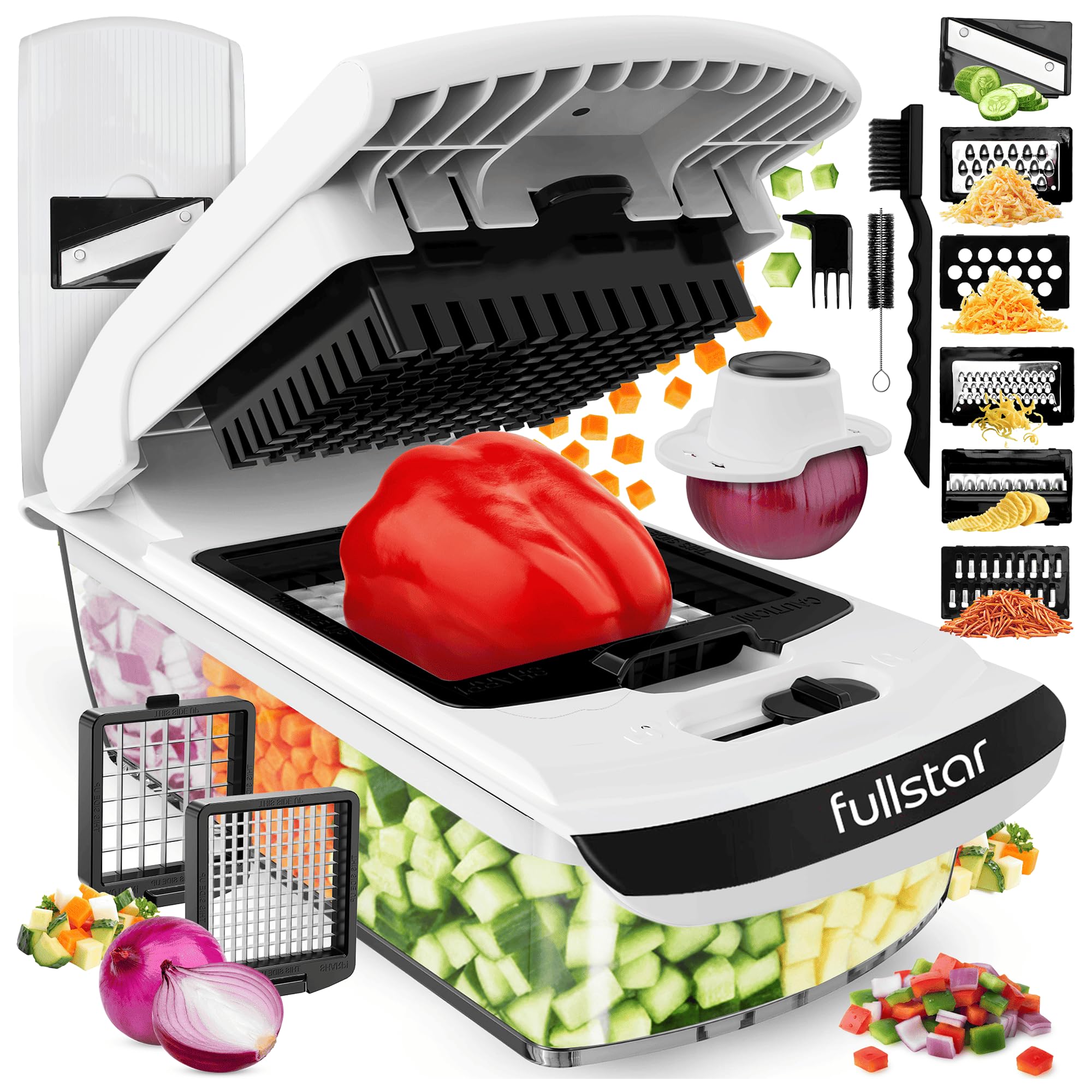 Fullstar Vegetable Chopper & Mandoline Slicer - Julienne Cutter Dicer Grater for Food Veg Onion Cucumber Tomato Salad Potato Cheese - Kitchen Gadgets & Accessories (PRO 8-in-1, White)