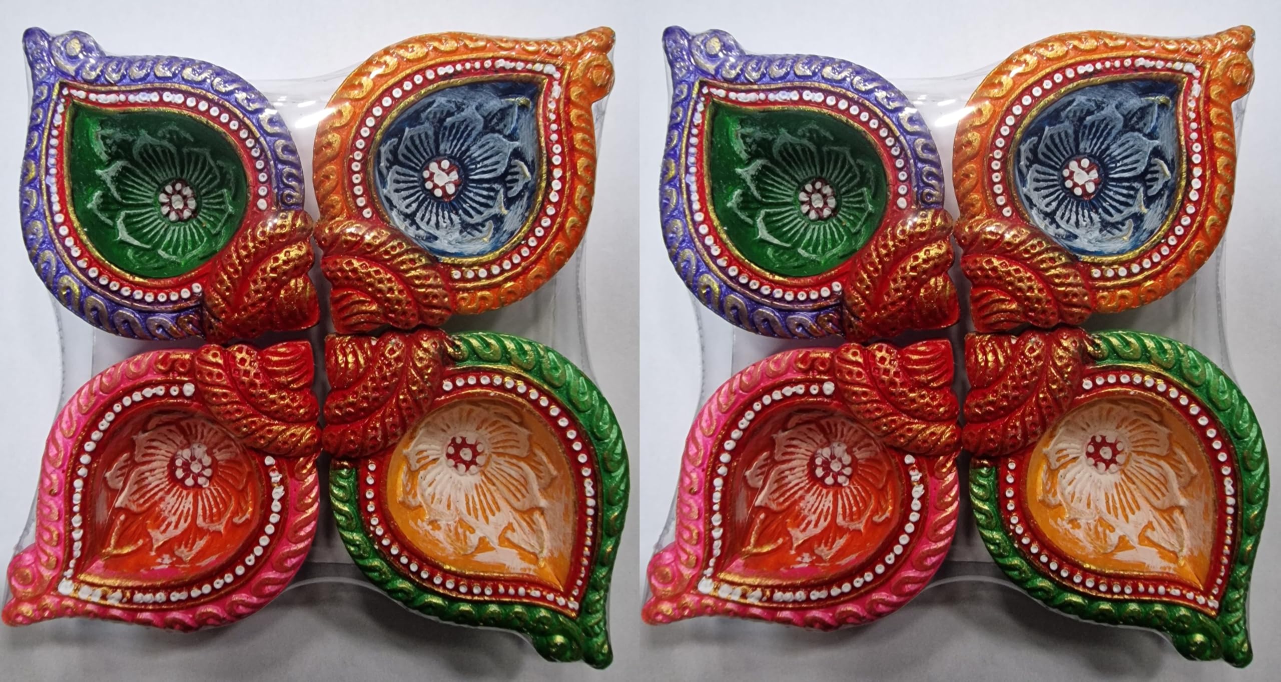 Traditional Decorative Colorful Diya (Set of 4) – Handcrafted Clay Lamps for Puja, Festivals, Diwali & Home Decoration (Design 2 (Pack of 2))