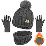 Winter Beanie Hat Scarf Gloves Set, Soft Warm Knit Hat Warm Touchscreen Gloves Neck Warmer Thick Knitted Scarves for Women