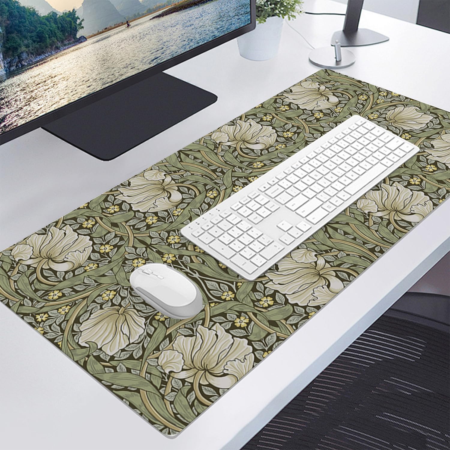 William Morris Mauspad mit Blumenmuster, Vintage-Blumenmuster, XL-Gaming-Mauspad, 80 x 40 cm, Schreibtischunterlage für den Schreibtisch mit rutschfester Gummiunterseite, salbeigrün / gelb