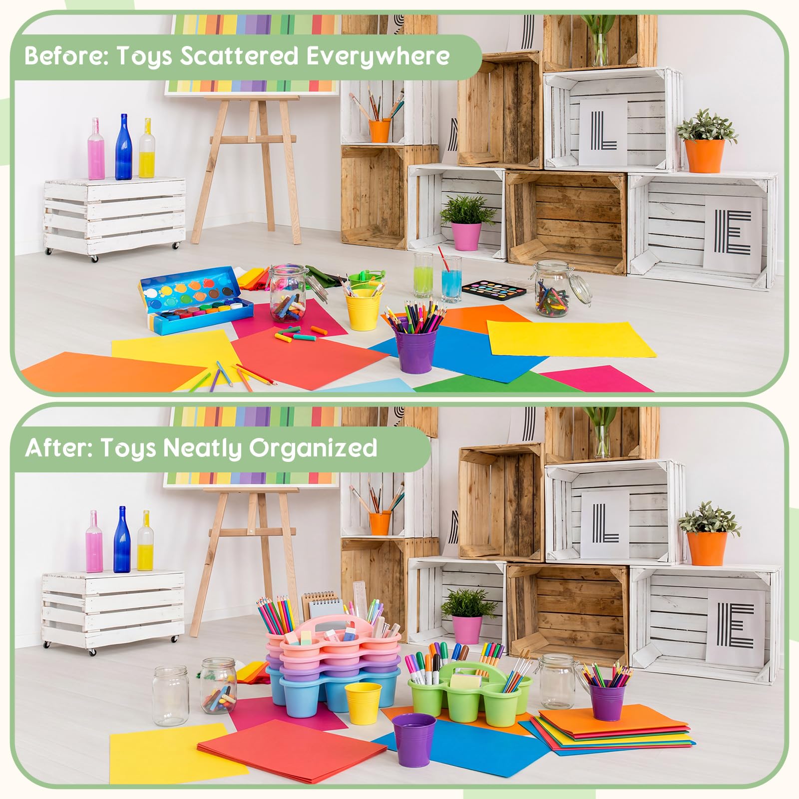 Confezione da 5 contenitori in plastica con manico, 30,5 x 22,9 x 12,7 cm, 6 scomparti, per scuola, tavolo, pastelli, matite, pennarelli, forbici, 5 colori