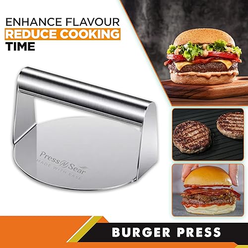Miniatura 7 de Press N Sear Prensa de hamburguesa de acero inoxidable resistente de 5.5 pulgadas, trituradora de hamburguesas redonda para parrilla plana, kit de