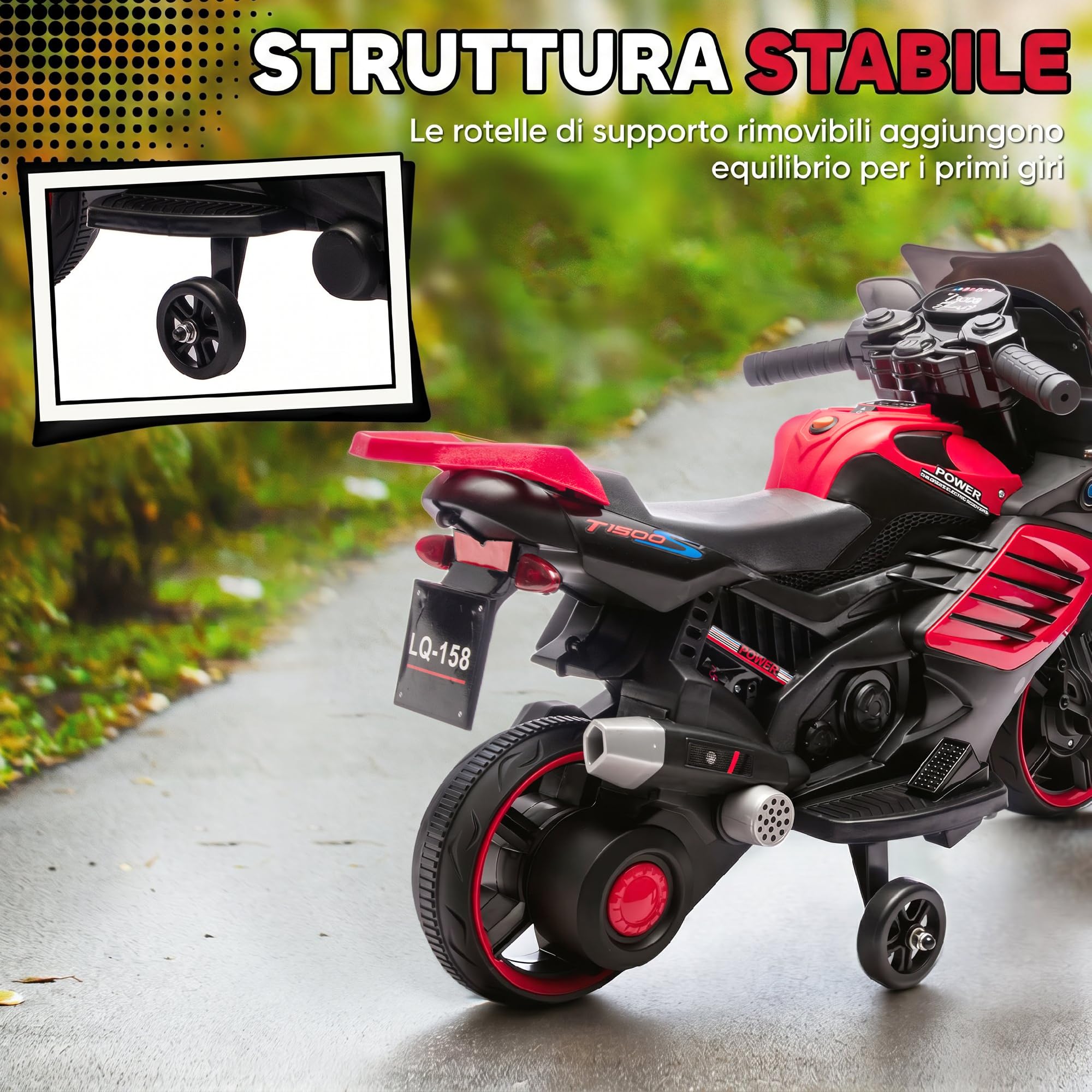 AIYAPLAY Moto Elettrica per Bambini da 18-36 Mesi, 6V Motorino Elettrico con Rotelle di Supporto Rimovibili, Fari Anteriori e Musiche Integrate, 2.5 km/h, Capacità 25kg, Rosso