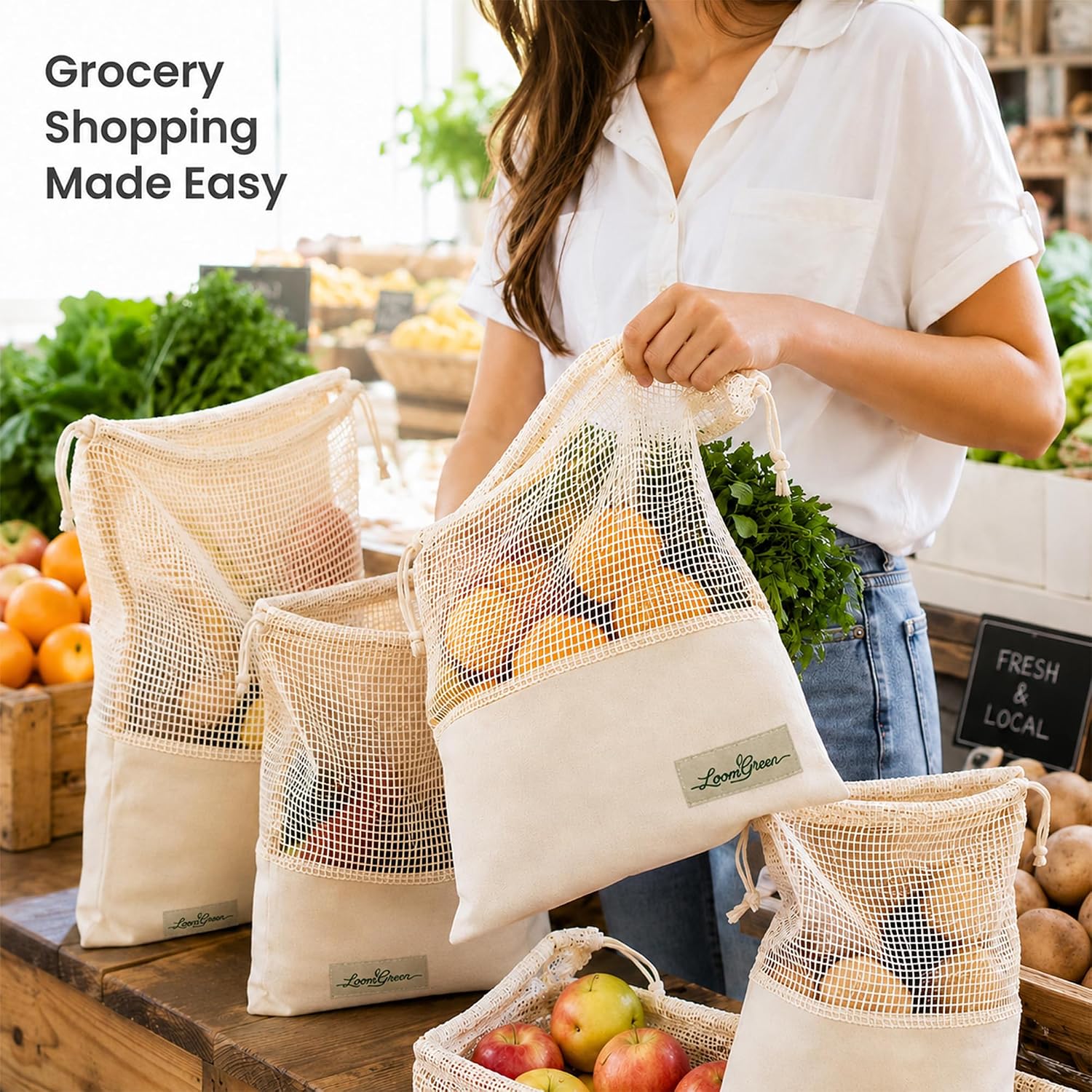 Multi-Purpose DrawString Bags - Canvas and Cotton Mesh Bags | Reusable Grocery, Laundry, Travel Organizer image 2