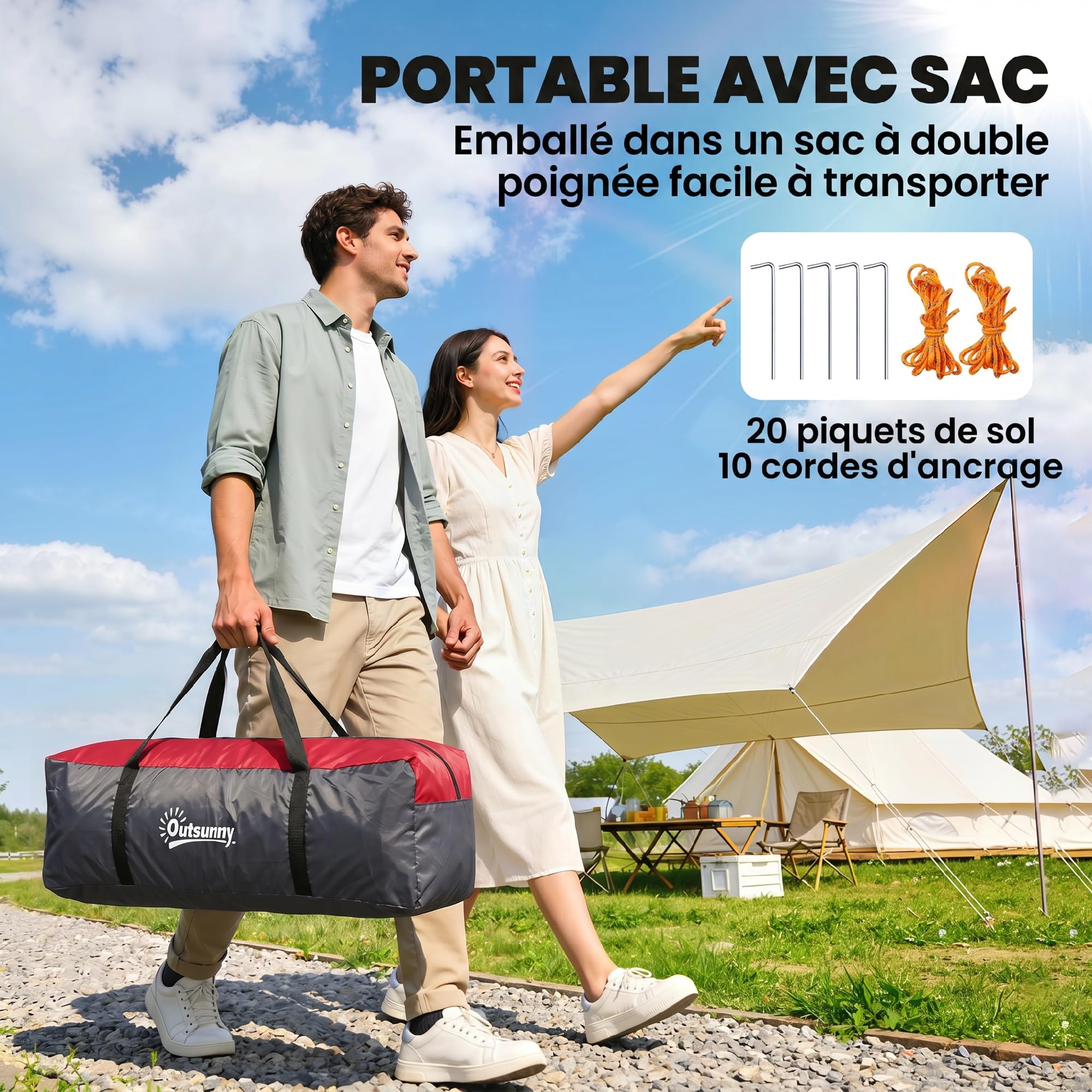 Outsunny Tente de Camping familiale 2 Personnes Tente Tunnel ventilée Facile à Monter Chambre Salon 3 Portes fenêtres 4,26 x 2,06 x 1,54 m Fibre Verre Polyester PE