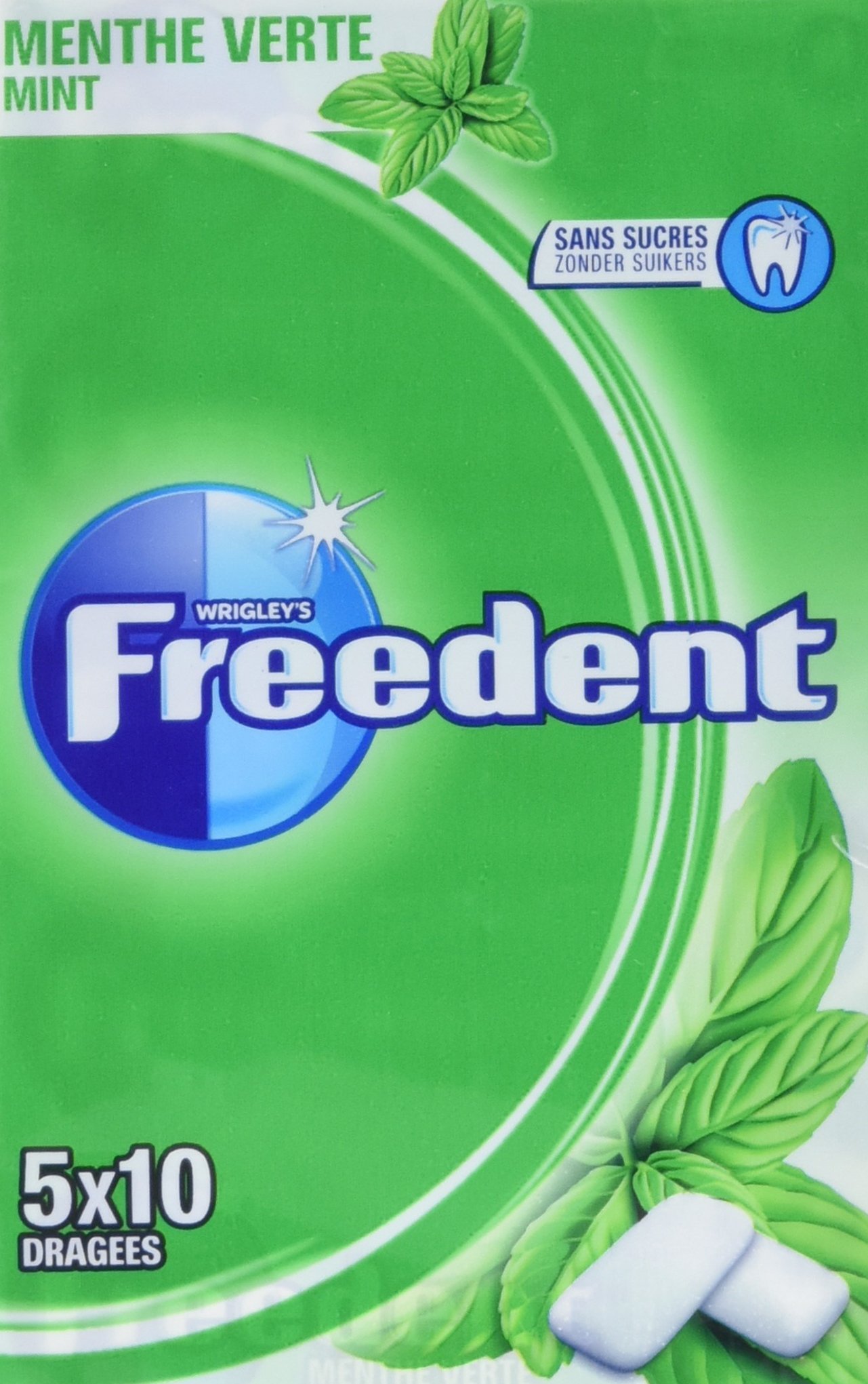 FREEDENT 5 Etuis de 10 Chewing-​Gums sans sucres Menthe Verte 70 g