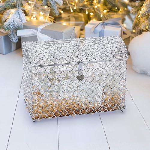 Miniatura 7 de ELLDOO Caja de tarjetas de boda de cristal con cerradura de corazón, caja de tarjetas de dinero, estilo cofre del tesoro, regalo plateado para