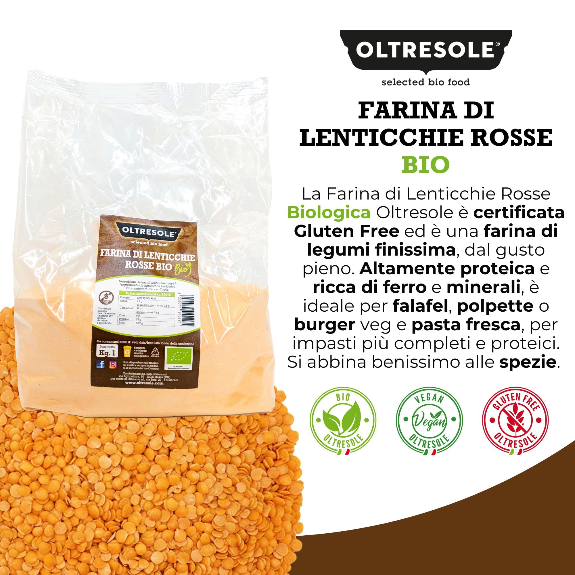 Oltresole Farina Italiana di Lenticchie Rosse Biologica 1 kg, Senza Glutine, Ricca di Proteine
