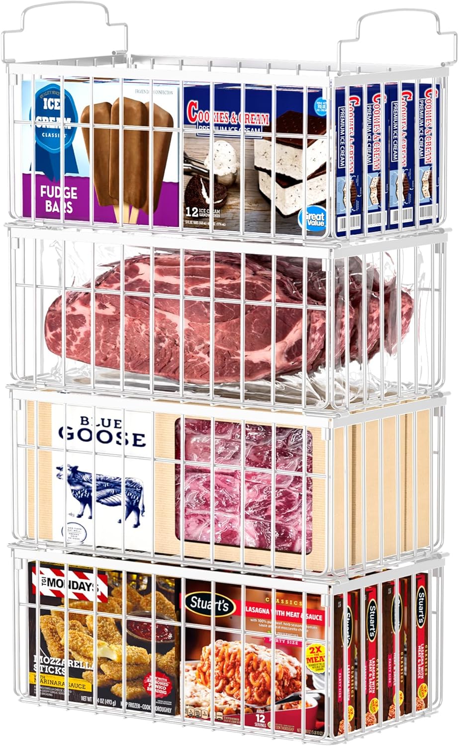 Freezer Organizer Bins, 4 Pack Stackable Deep Chest Freezer Organizer Bins, Foldable Baskets with Handles, White Storage Container Baskets for 5/ 7 Cu.FT Sort Frezen Meats white 4 pack