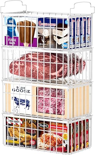 Contenedores Organizadores para Congelador, Paquete de 4 Contenedores Organizadores Apilables para Congelador de Pecho Profundo, Cestas Plegables