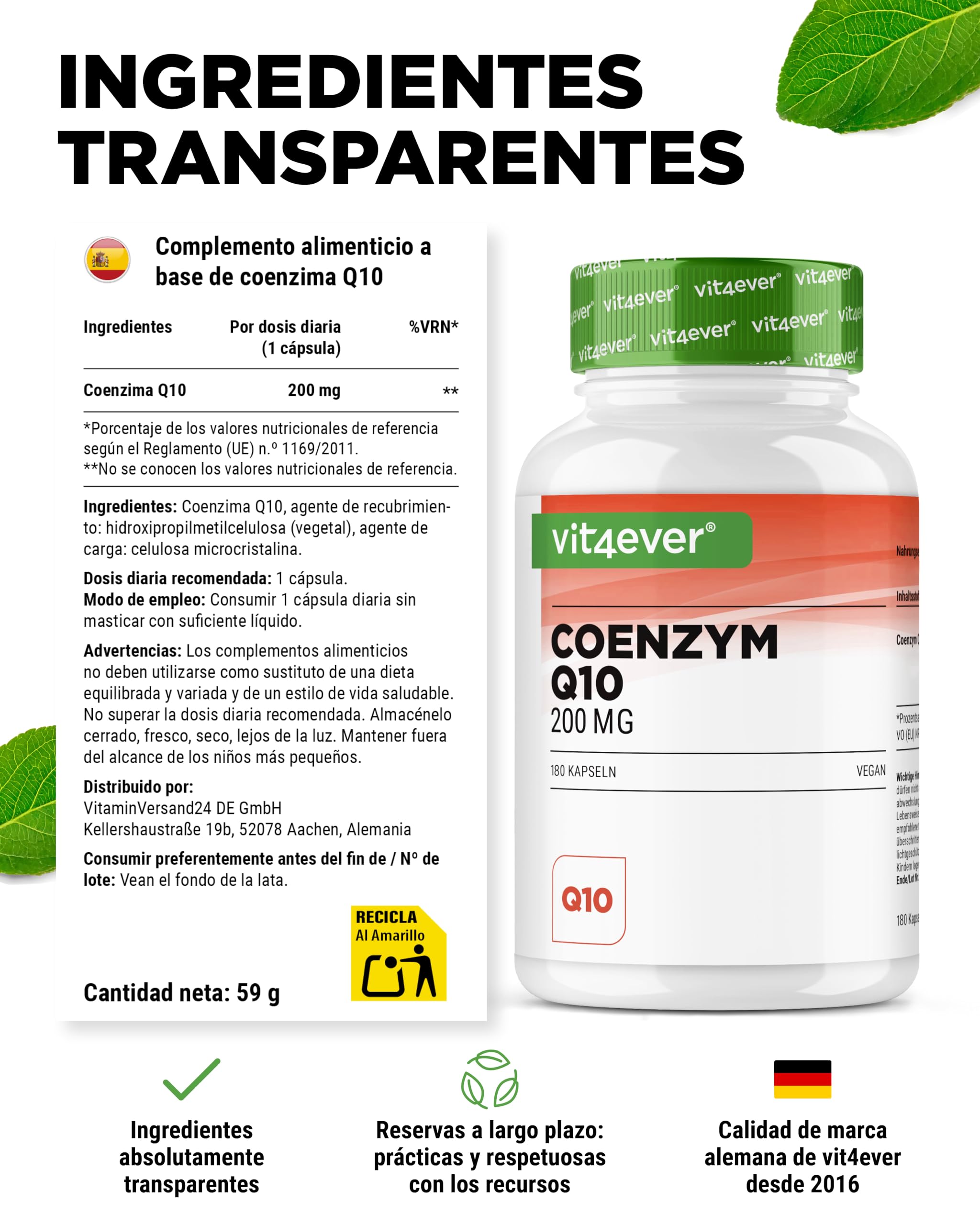 Coenzima Q10 con 200 mg por cápsula - 180 cápsulas veganas - 6 meses de suministro - Premium high dose Q10 - alta dosis, sin aditivos innecesarios