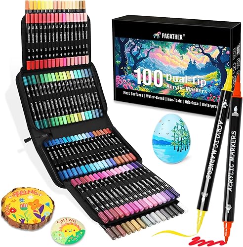 Marcadores de pintura acrílica de 100 colores, punta doble con punta fina y punta de pincel para piedra, madera, caligrafía, lienzo, cerámica,