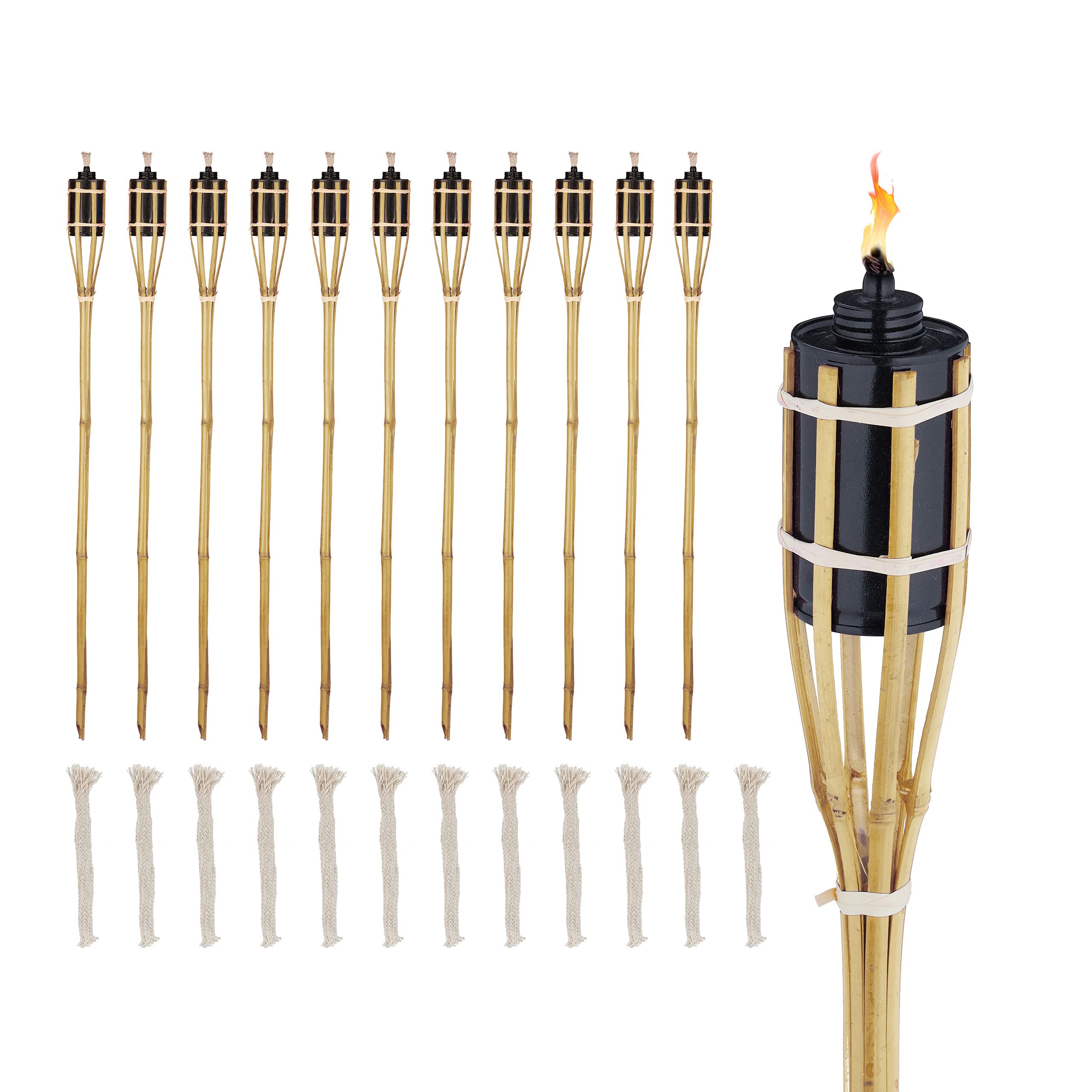 Relaxdays Set of 12 Garden Oil Torches, with Replacable Wicks, Bamboo & Iron, Outdoor Party Flares, HxØ: 90x6cm, Natural