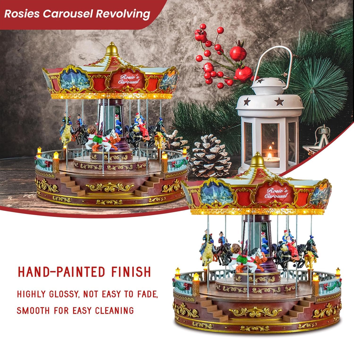 Decoración De Carrusel Navideño, Caja Musical Navideña Giratoria LED, Carrusel Que Gira con Música Se Mueve hacia Arriba, hacia Abajo Y Gira, Agrega Atmósfera Navideña